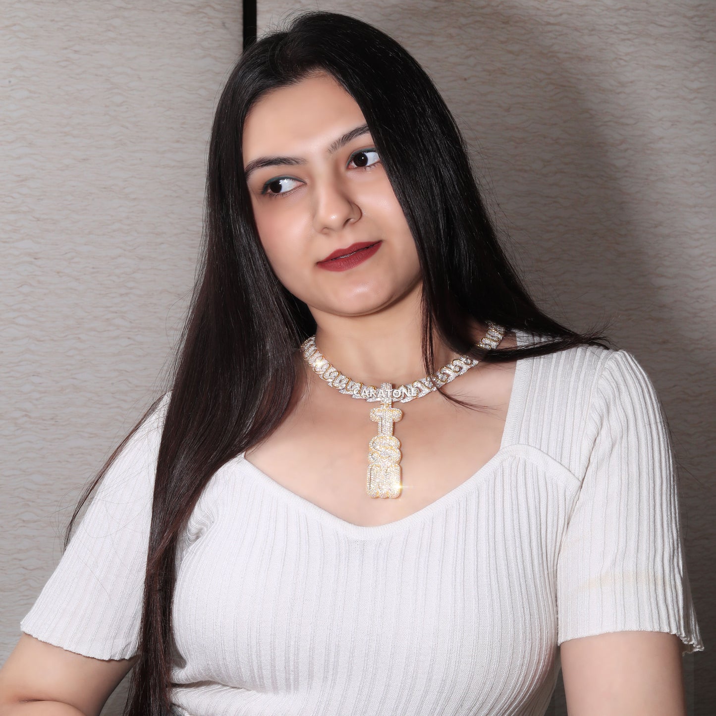 14k Iced Out Diamond White and Yellow Gold Chain Necklace with Vertical Custom Letter Pendant in Luxury VVS Diamond Chain Pendant