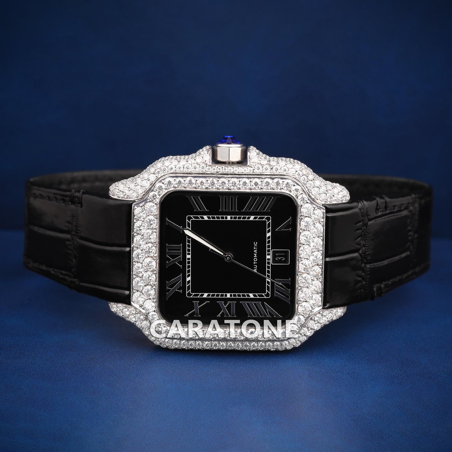 Half iced out without dial with Black leather band branded watch