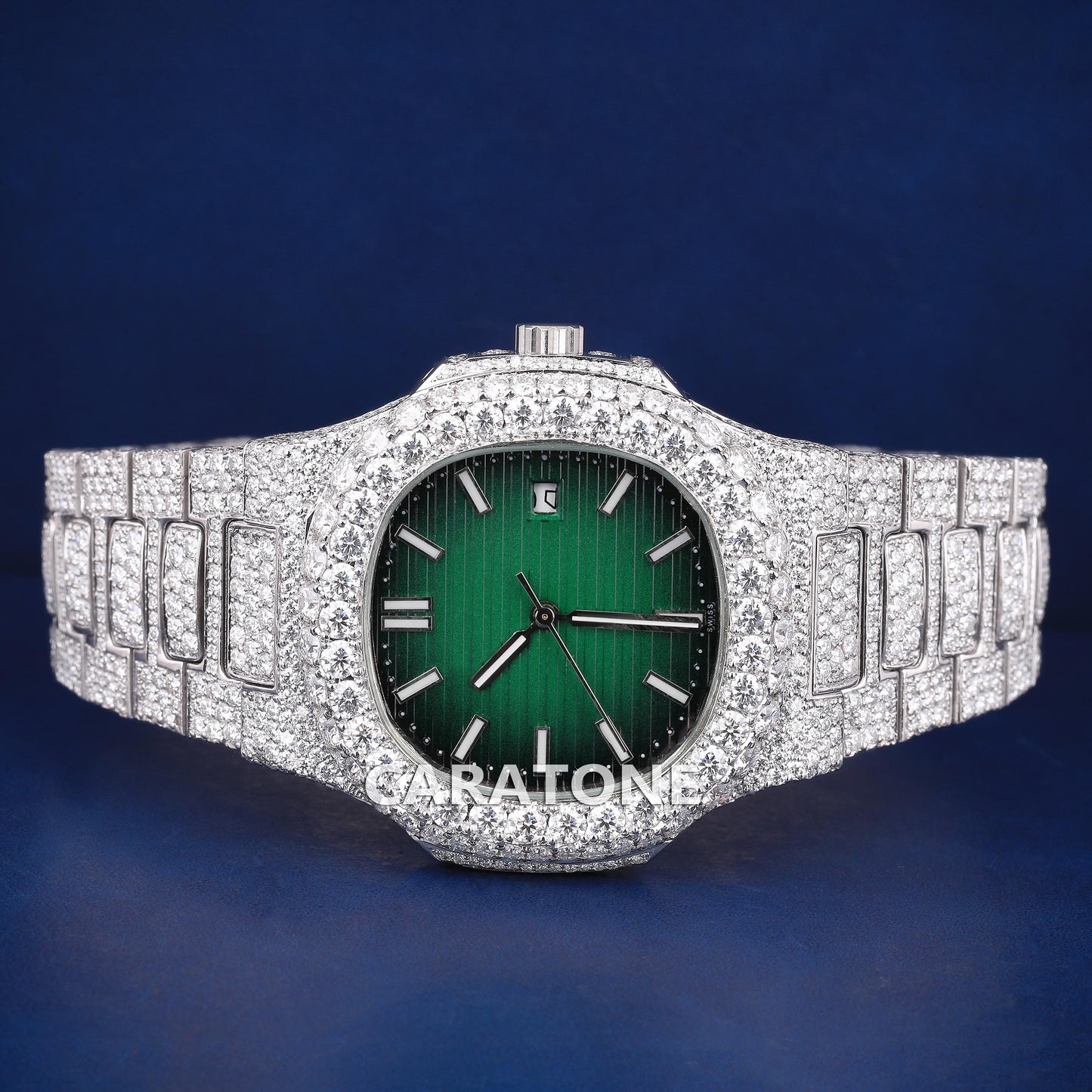 Hip hop full iced out without dial branded watch in white tone with green dial