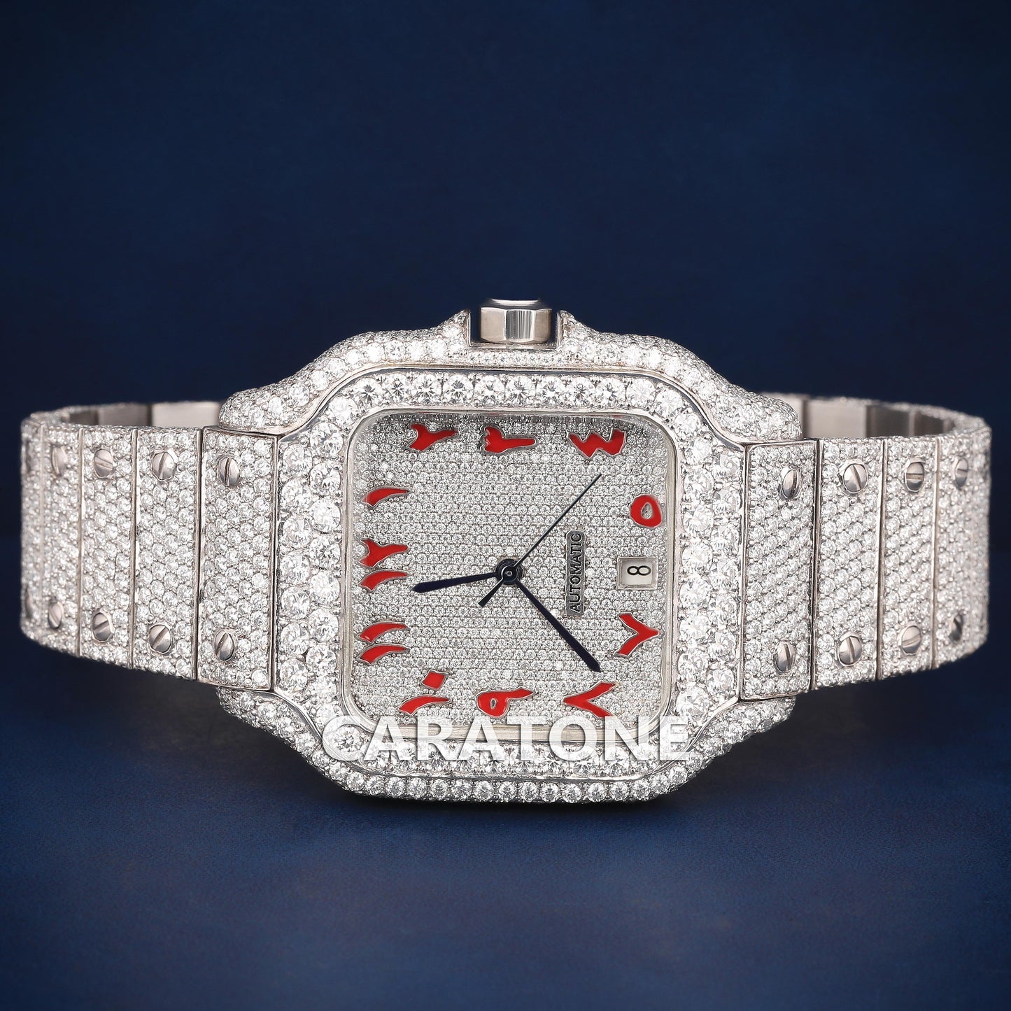 Full iced out Hip hop branded watch with Red Arabic numerals in it with diamond tester passed