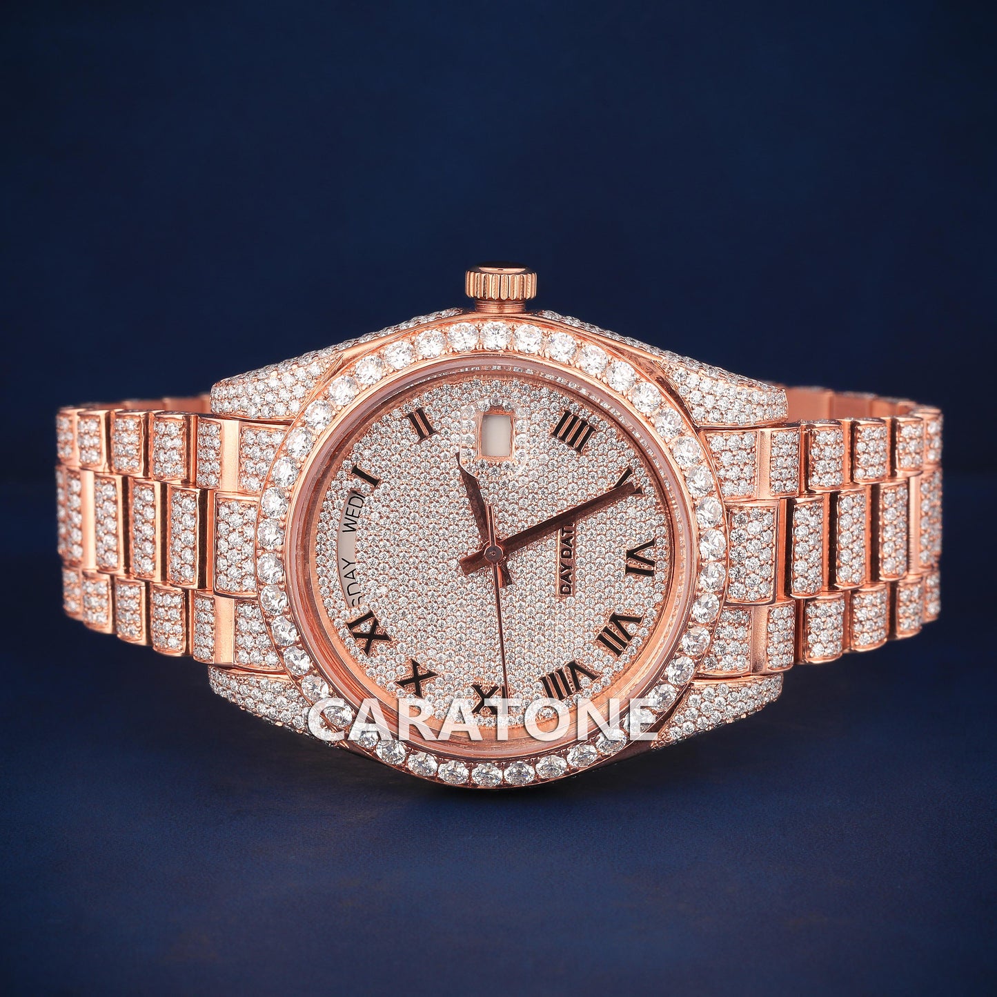 Full Iced out Hip Hop branded watch in Rose gold tone and with diamond tester passed