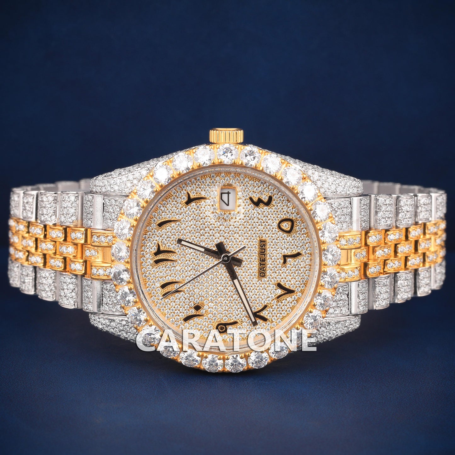 Full iced out Hip hop branded watch in two tone with Arabic numerals and Diamond tester passed