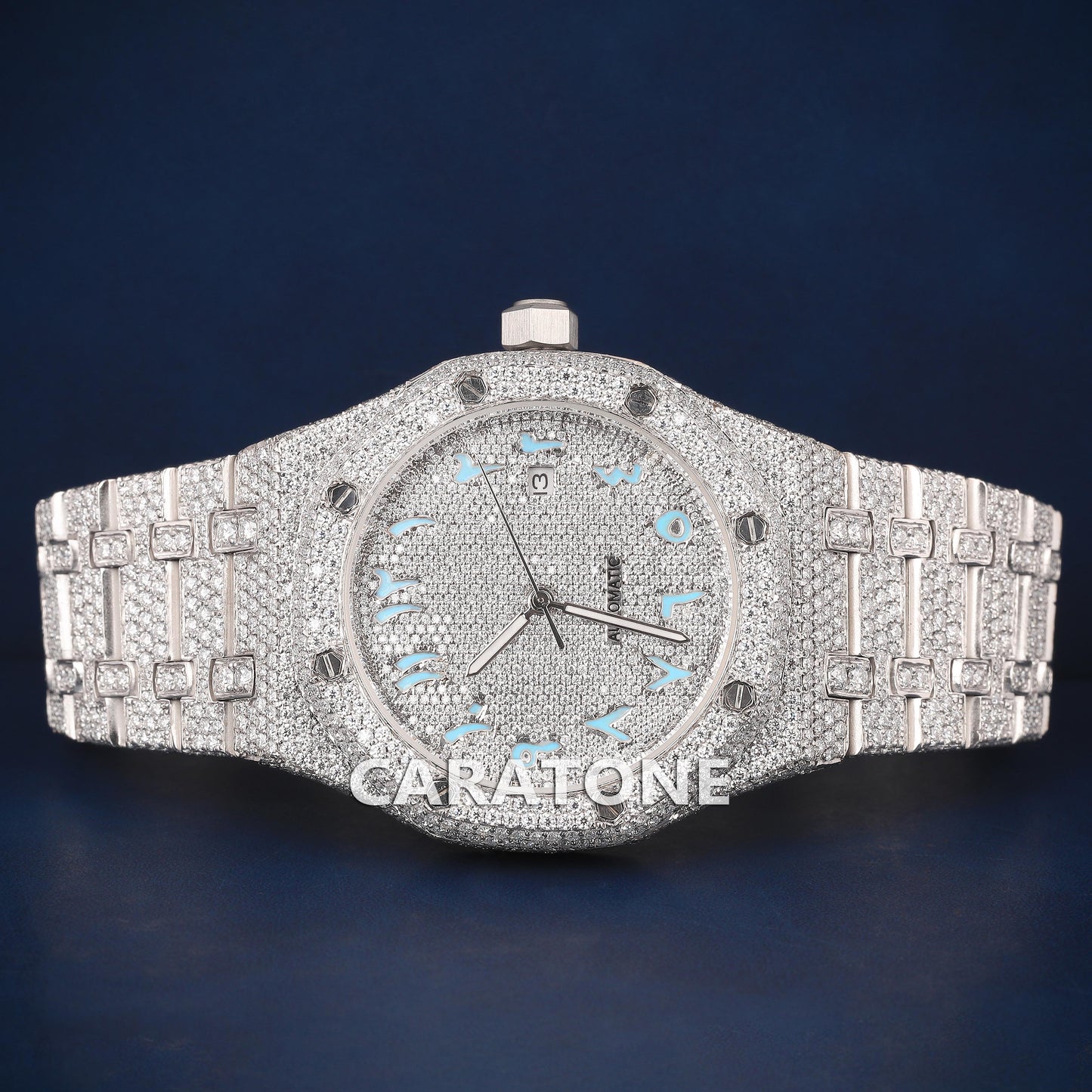 Full iced out Hip hop branded watch in white tone with sky blue Arabic numerals D VVS clarity