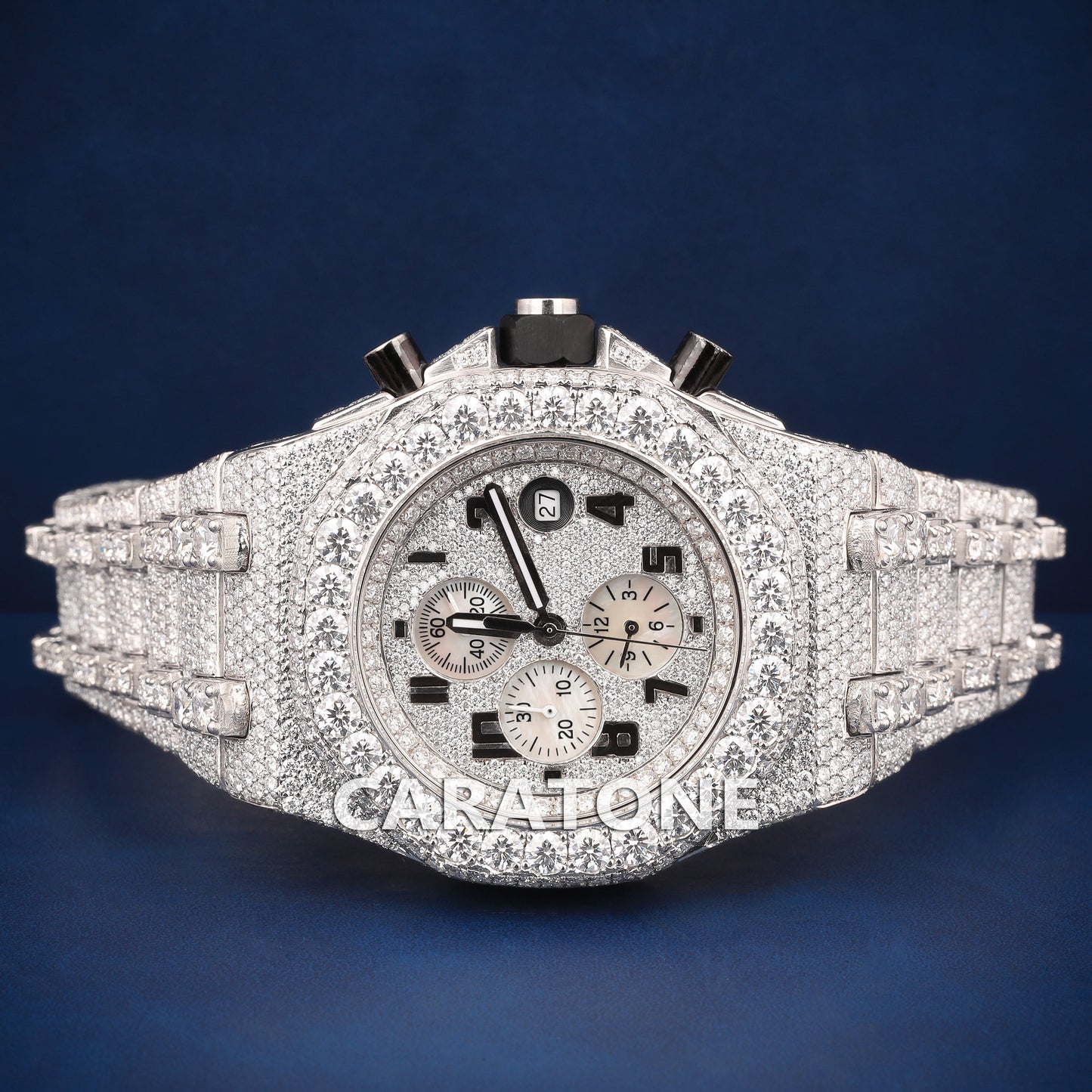 Full iced out Hip hop branded watch in silver tone with D VVS Clarity