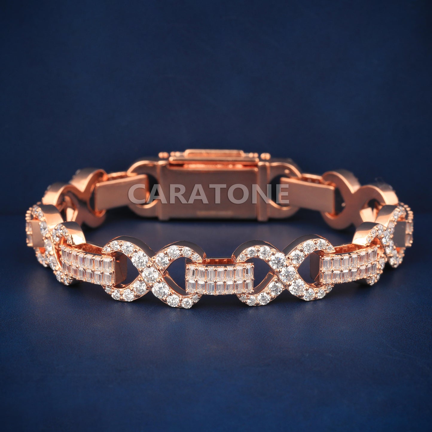 Rose Gold Infinity Bracelet Fully Iced Out with Baguette and Round Cut Diamonds for Hip Hop