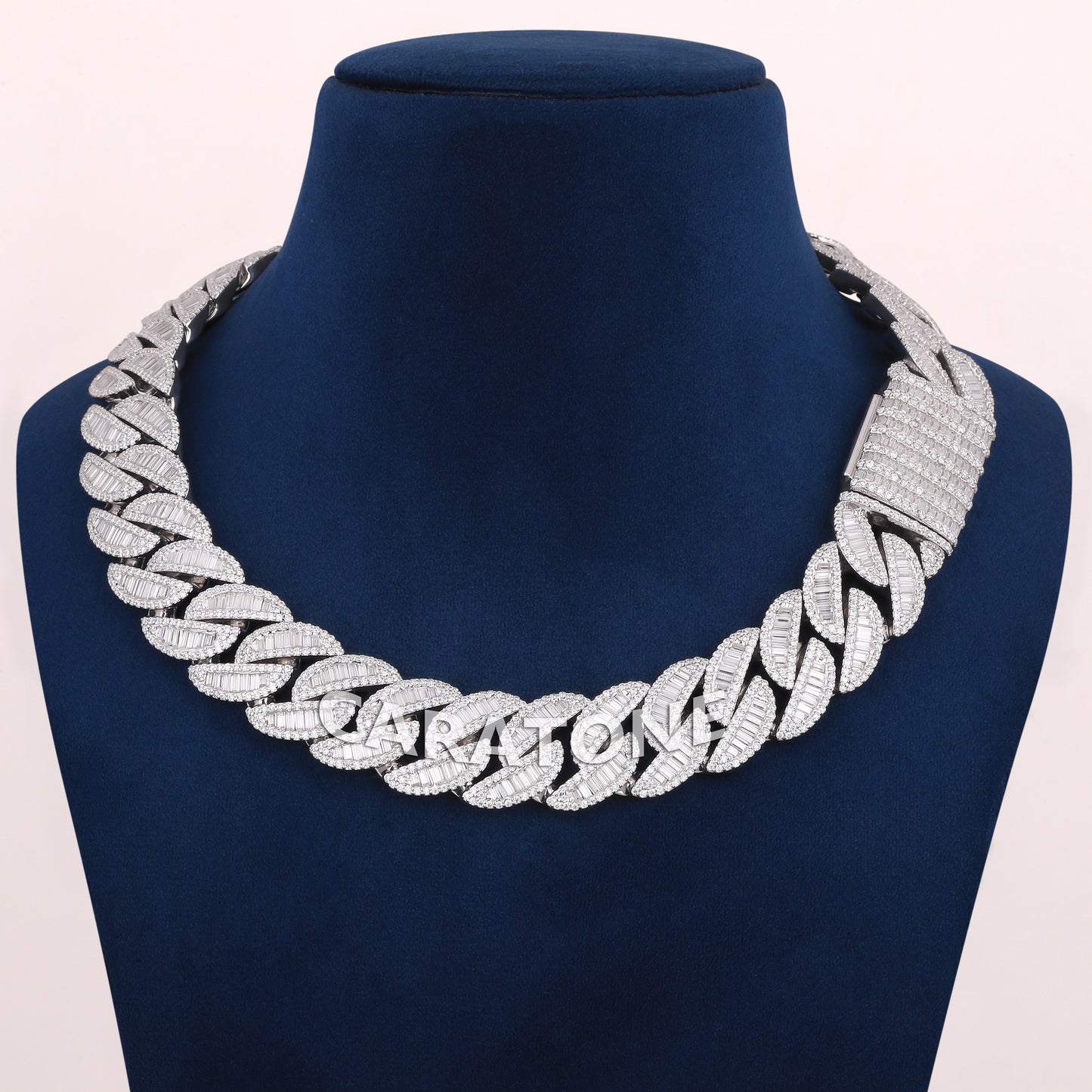18 inch 20 mm baguette diamond Cuban chain in white gold with fully iced box clasp