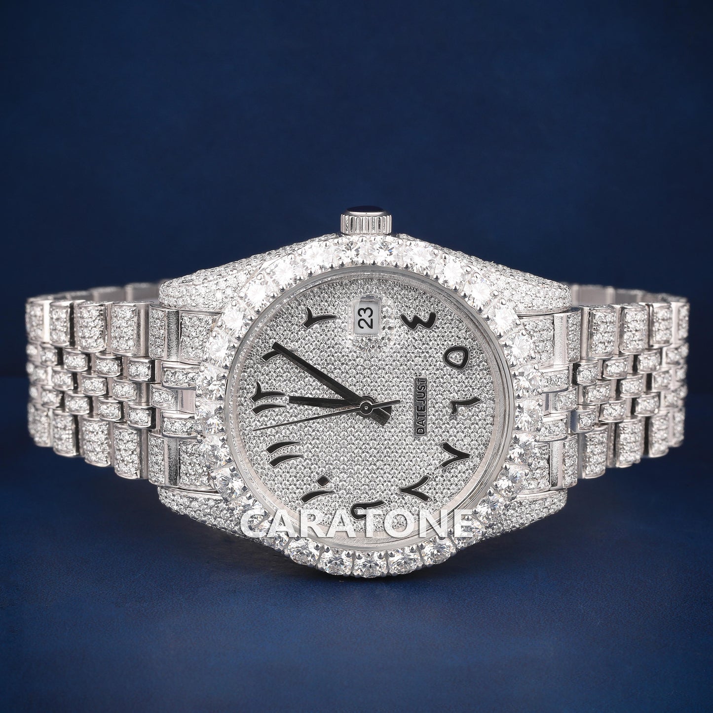 Hip hop Full iced out silver tone branded watch with Arabic numerals