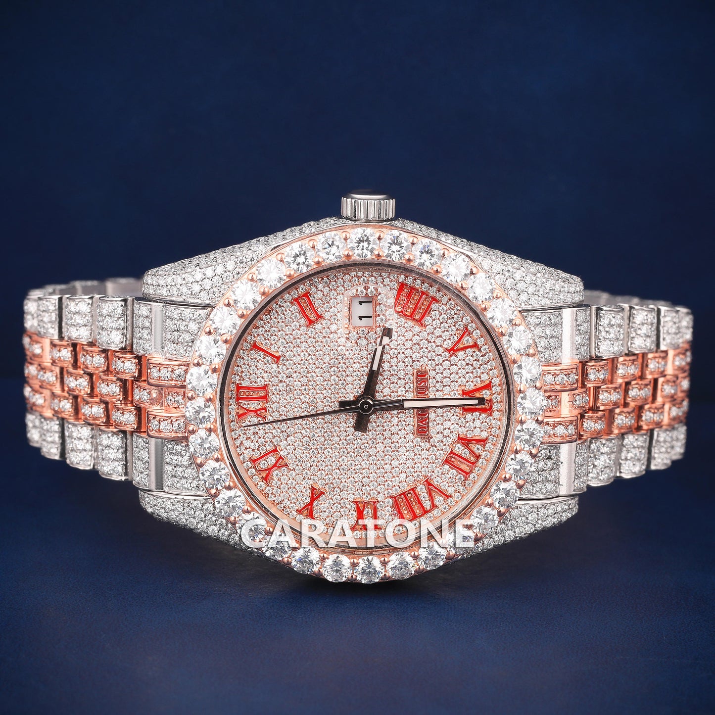 Full iced out Hip hop branded watch with two tone in Roman numerals with D VVS clarity