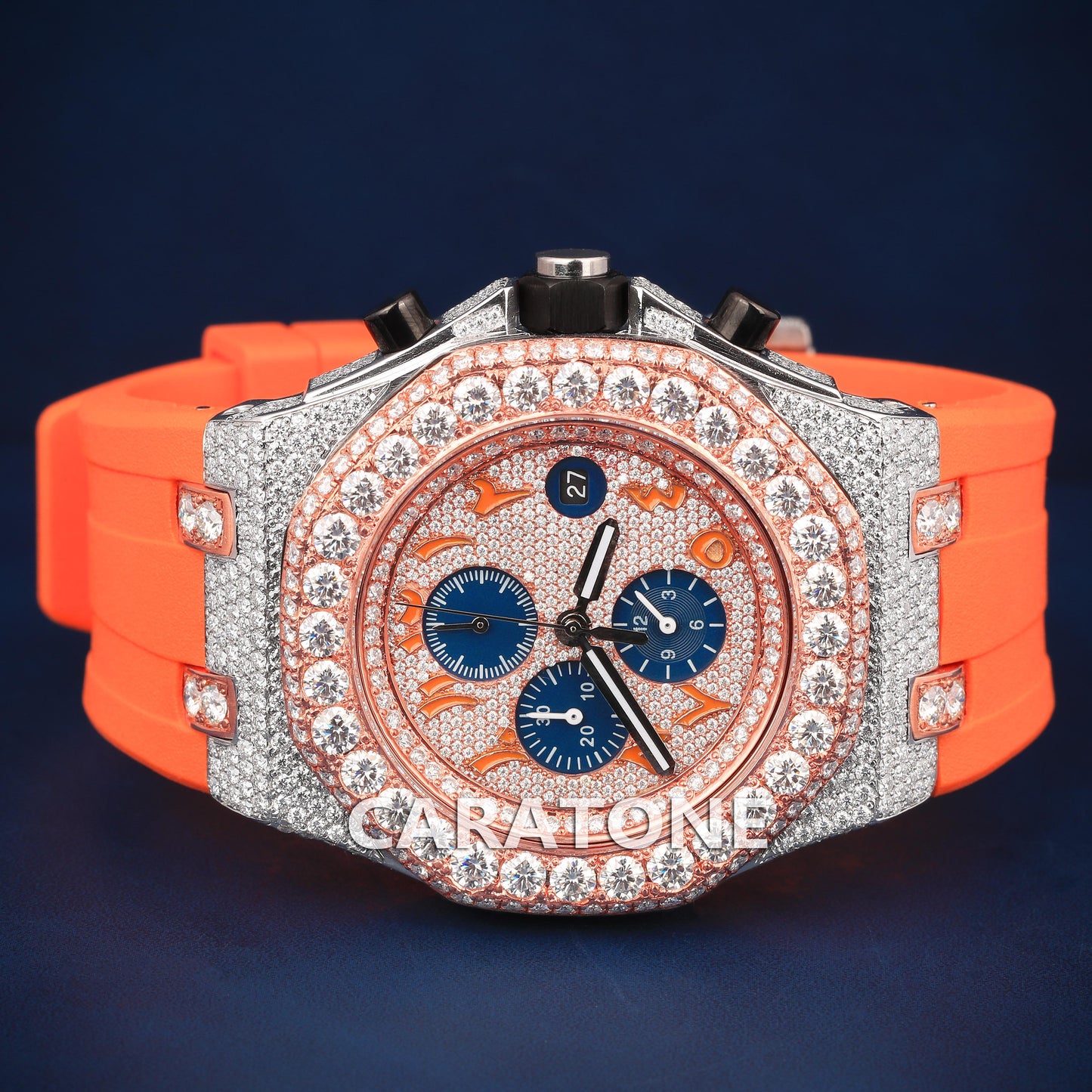 Hip hop half iced out with orange band branded watch with Arabic numerals in it