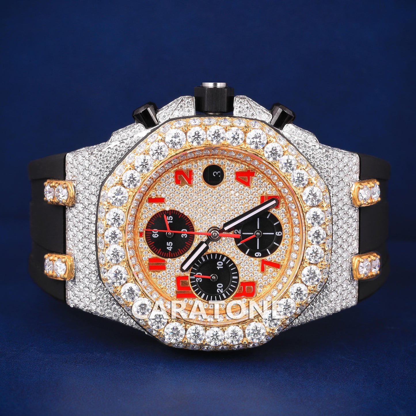 Two tone half iced out hip hop custom made watch with black band
