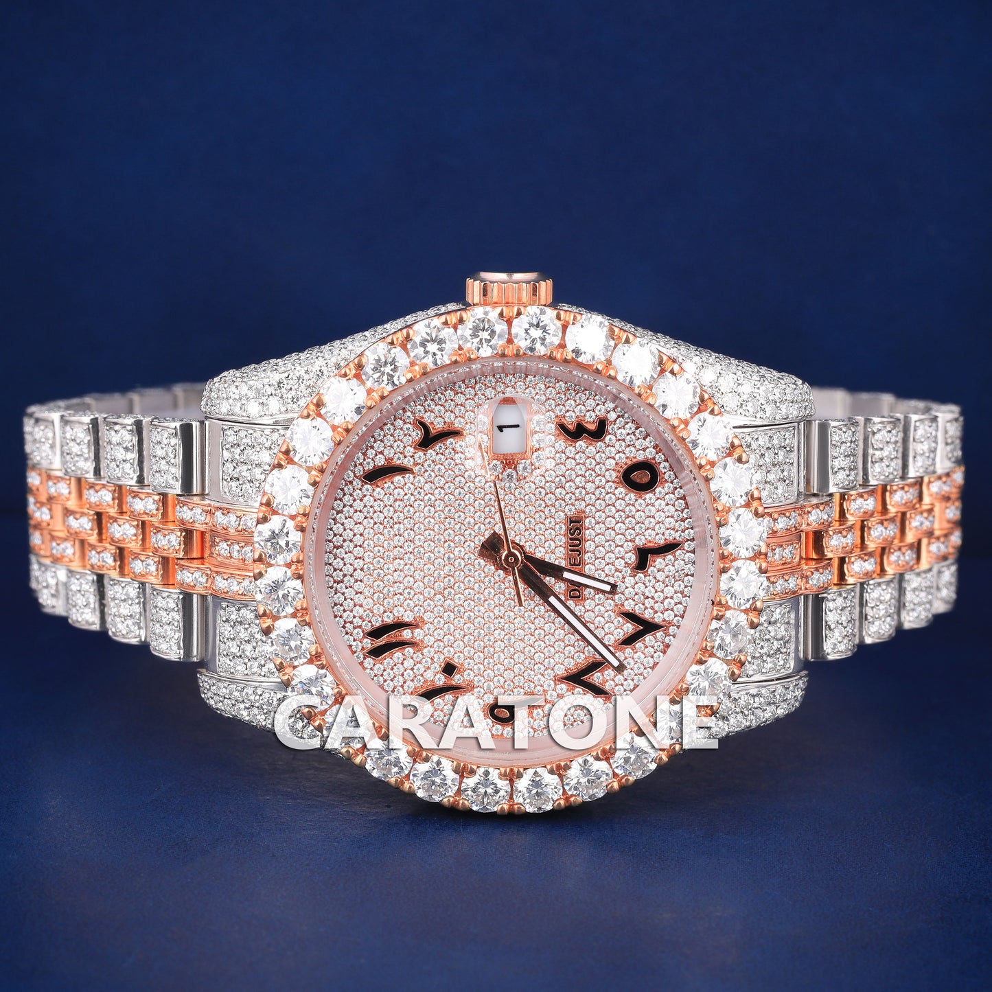 Luxury Fully Customized Watches Two Tone Arabic Dial Hiphop Watches Silver and Rose Iced Out Diamond Mens Watches