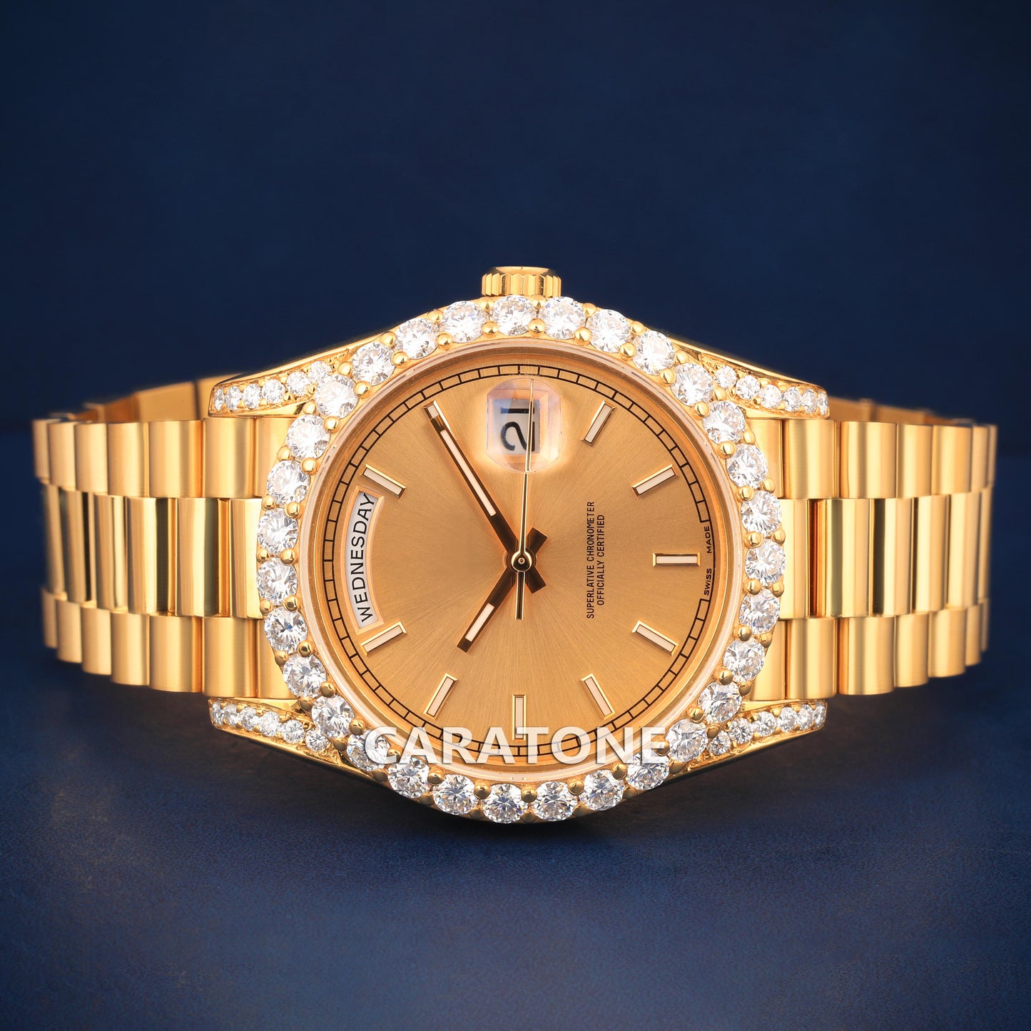 Half iced out without dial Hip hop branded watch in gold tone with D VVS clarity