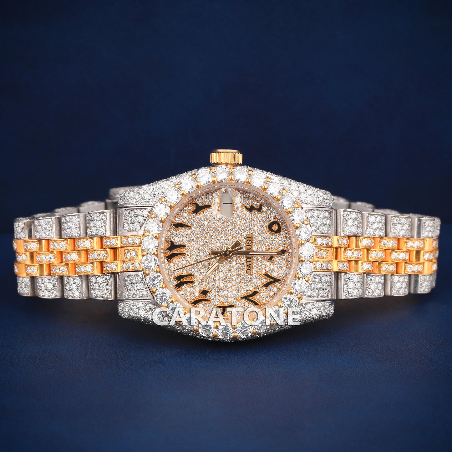 Full iced out Hip hop branded watch in two tone in Arabic numerals with D VVS clarity