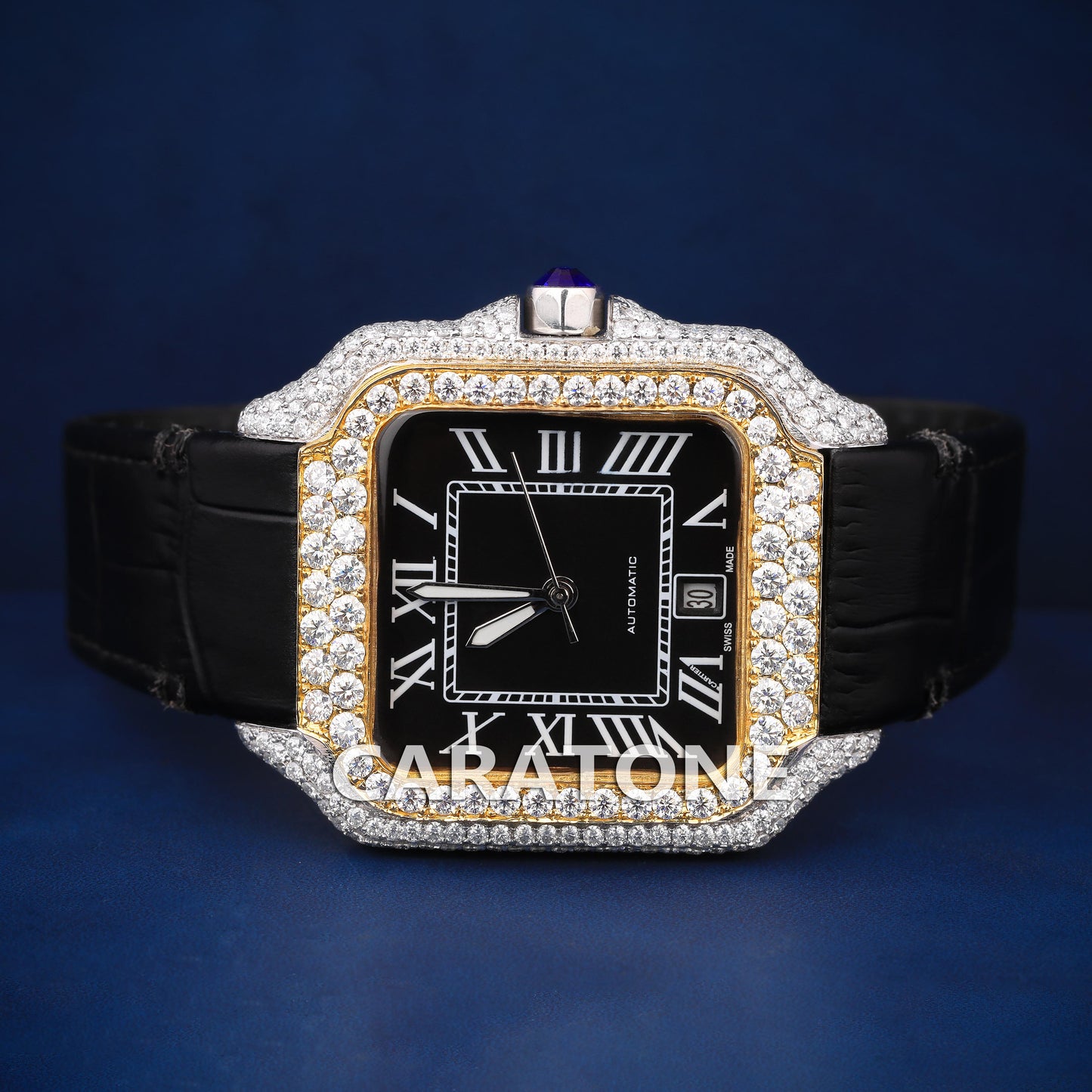 Black leather band hip hop iced out bezel vvs clarity branded watch