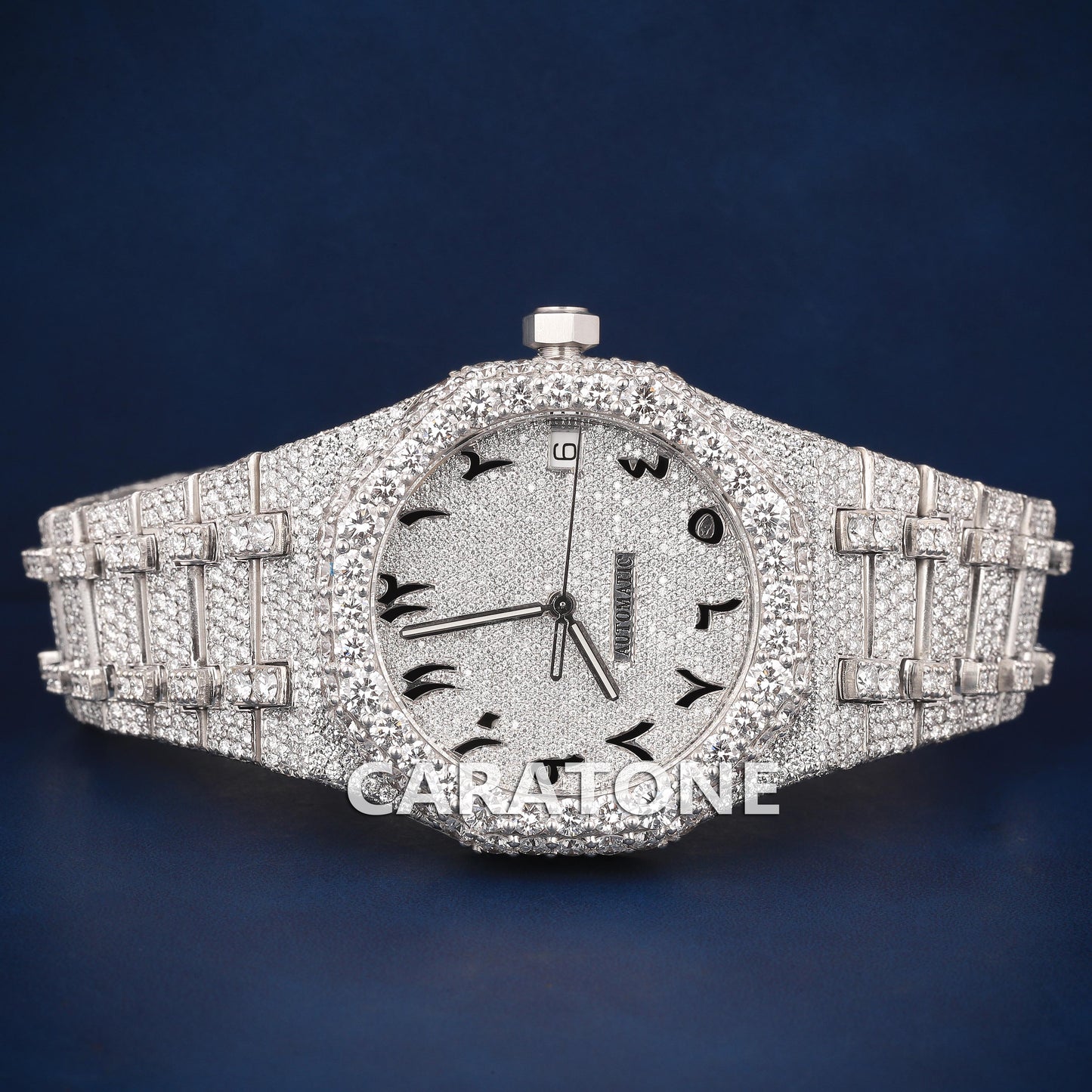 Full iced out Hip hop branded watch with Arabic numerals in it with diamond tester passed