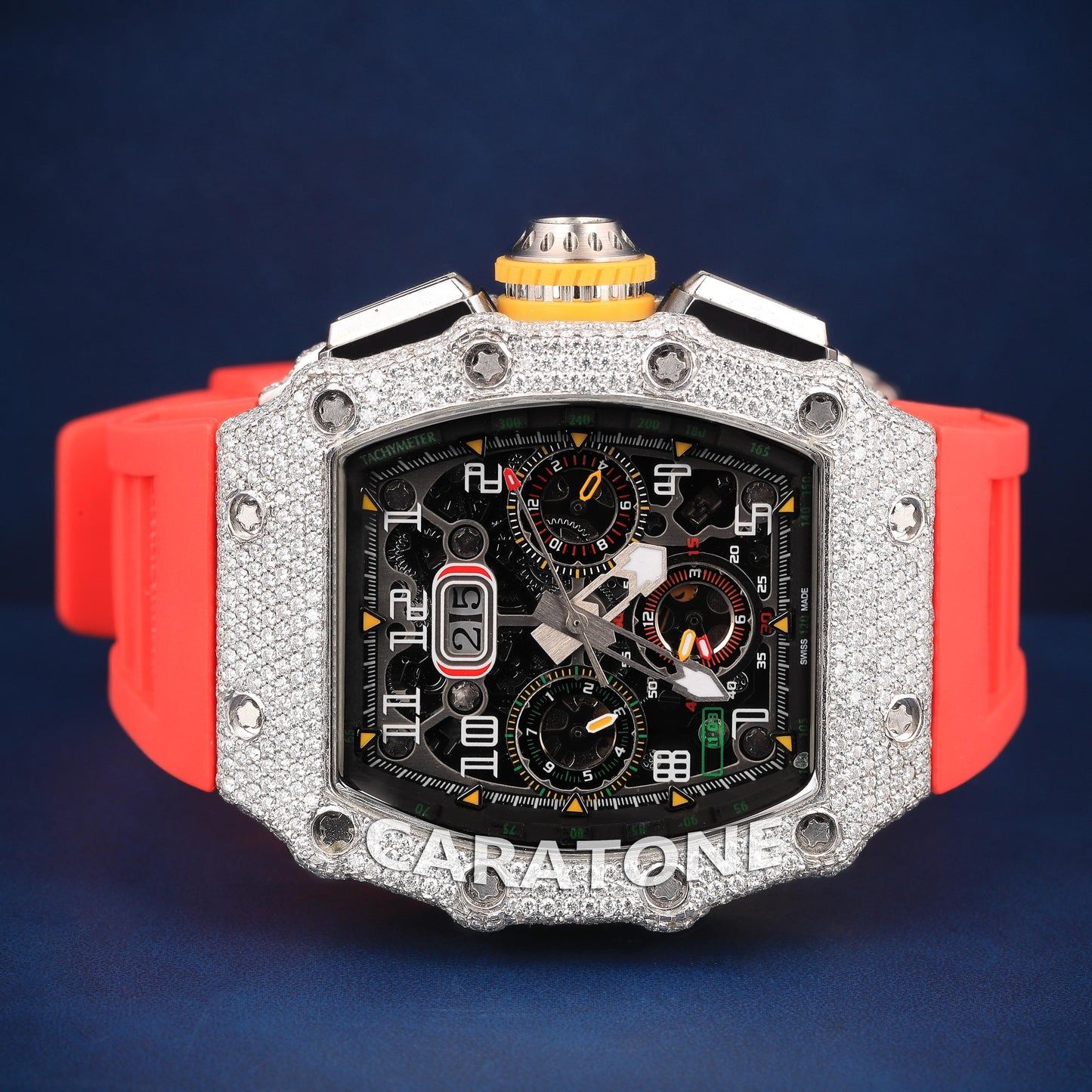 Red band half iced out without dial branded watch with D VVS Clarity