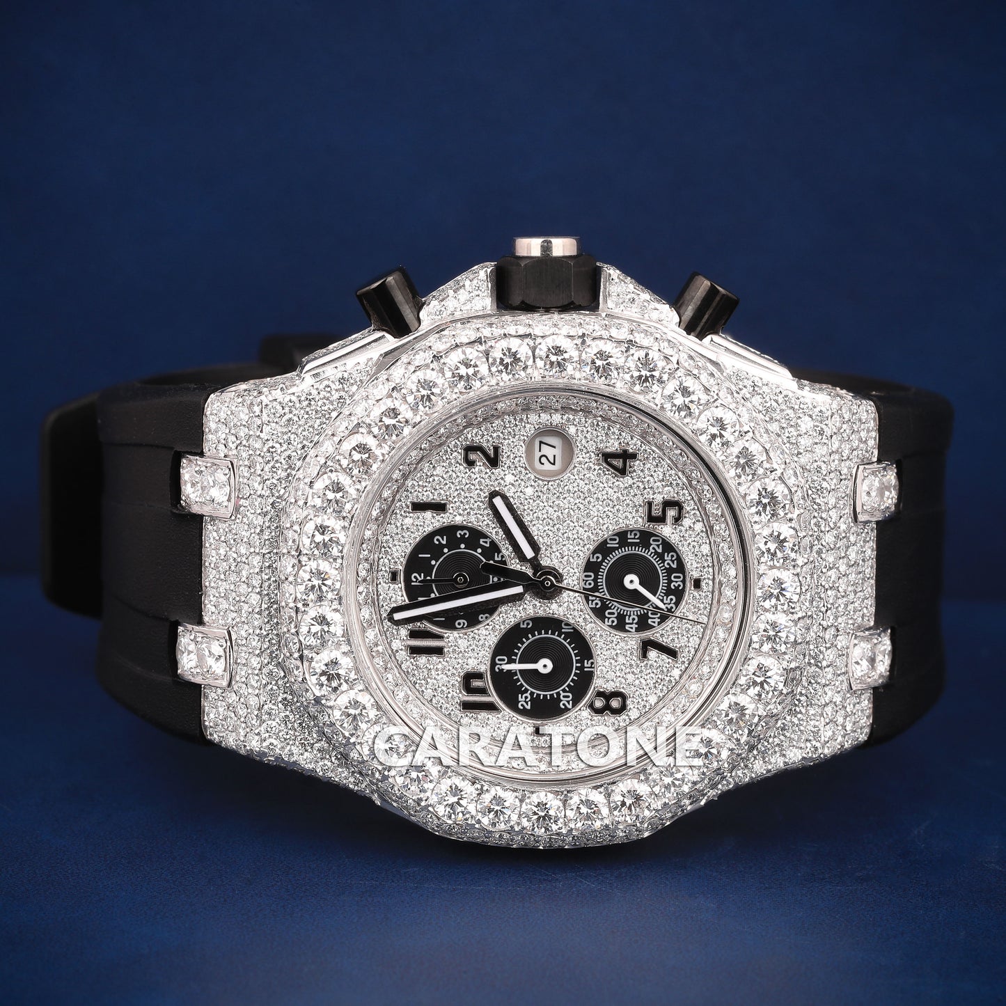 Half iced out Hip hop branded watch with Black band in it with D VVS clarity