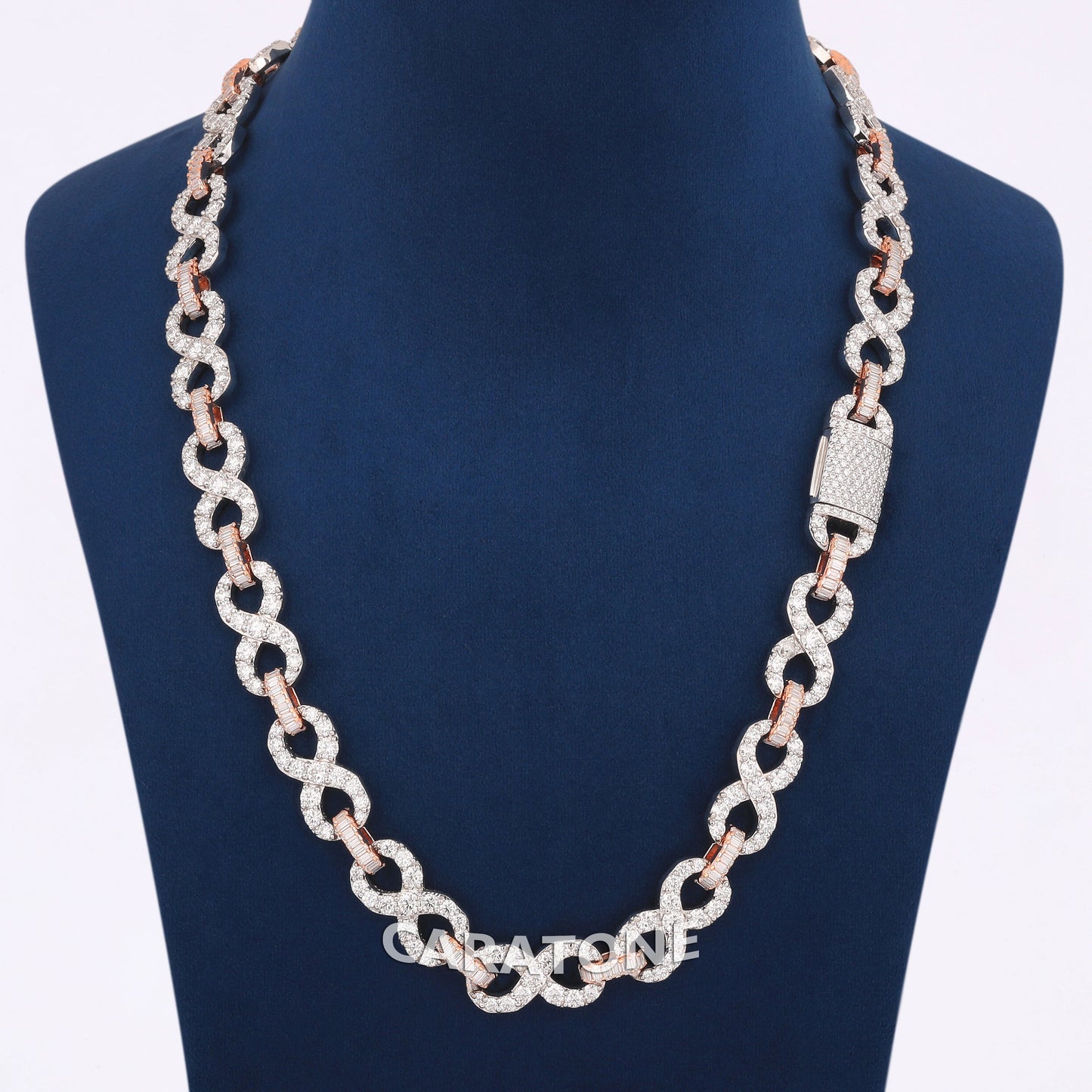 Custom made infinity link necklace baguette and round cut diamond chain