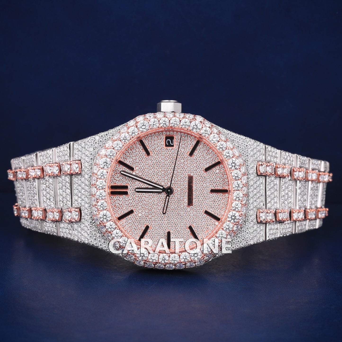 Full iced out hip hop branded watch with two tone and it is of D VVS clarity