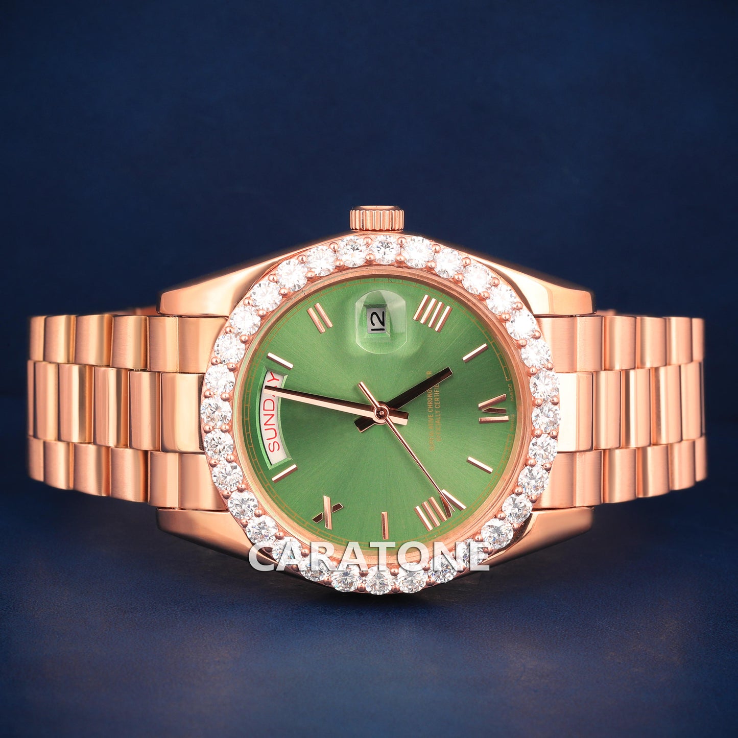 Half iced out without dial Hip hop branded watch in rose gold tone with green dial