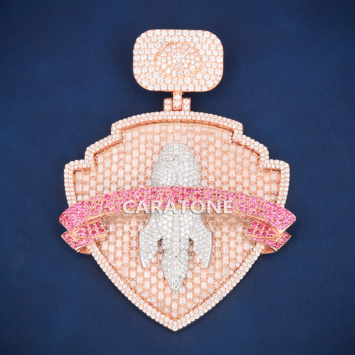 Two-Tone Spartan Shield Hip Hop Pendant with Pink Stone Banner & Lab Grown Diamonds