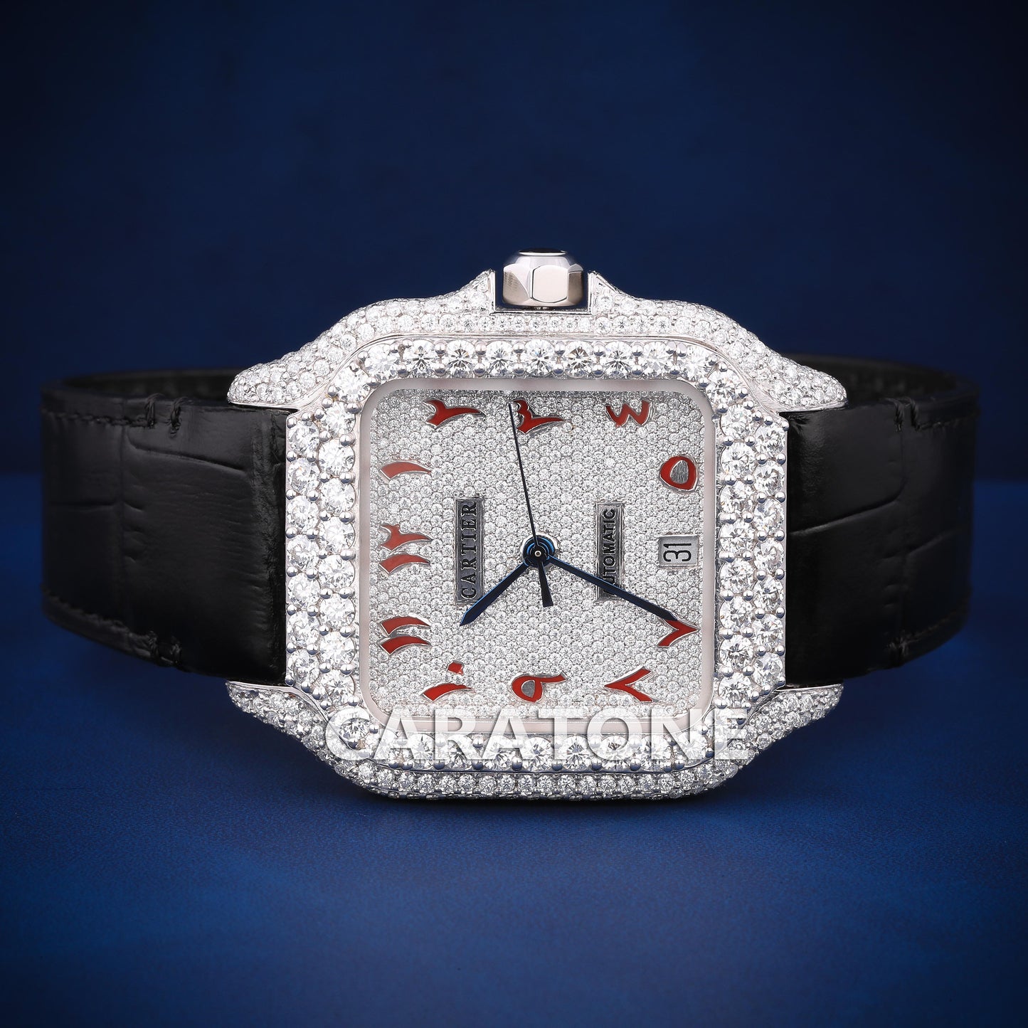 Hip hop custom made black leather strap with half iced out watch