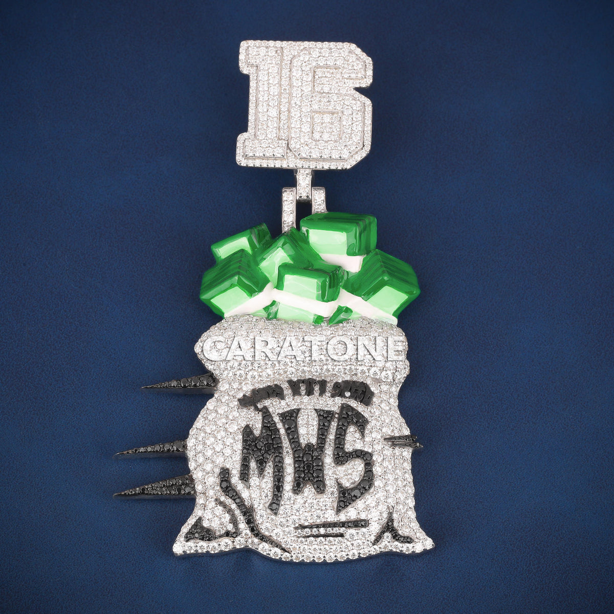 Custom Iced Out Money Bag Hip Hop Pendant with Green Cash Stacks & Lab Grown Diamonds