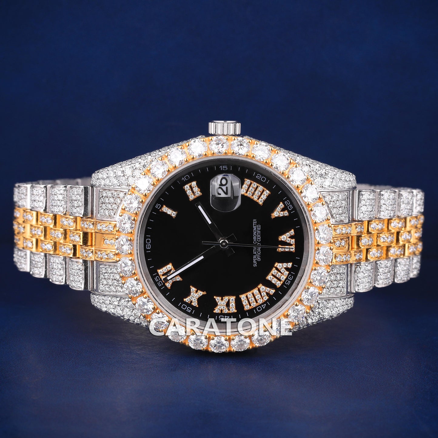 Full iced out without dial hip hop custom made branded watch in two tone with black dial and roman numerals
