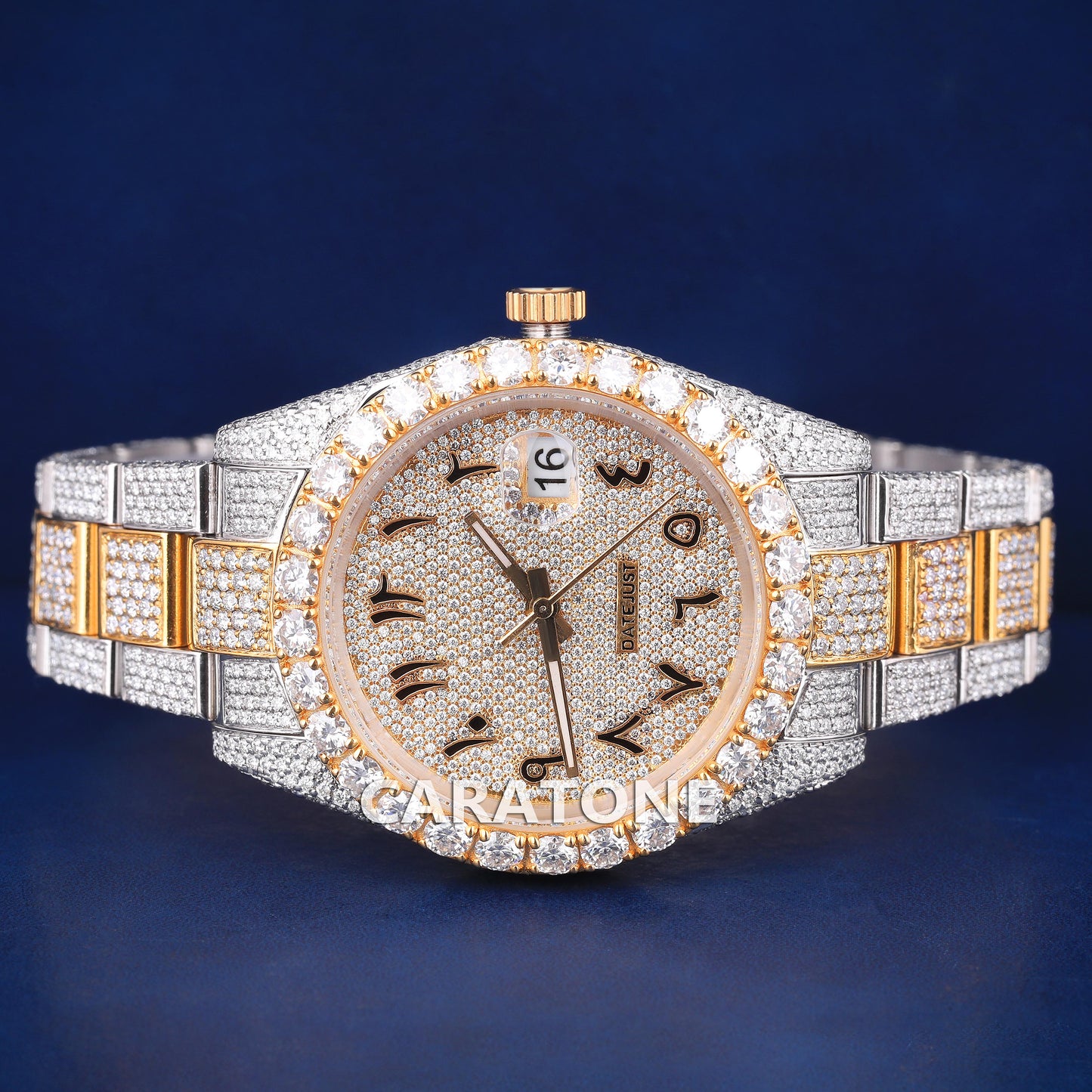 Full iced out hip hop custom made branded watch in two tone with black arabic numerals in it