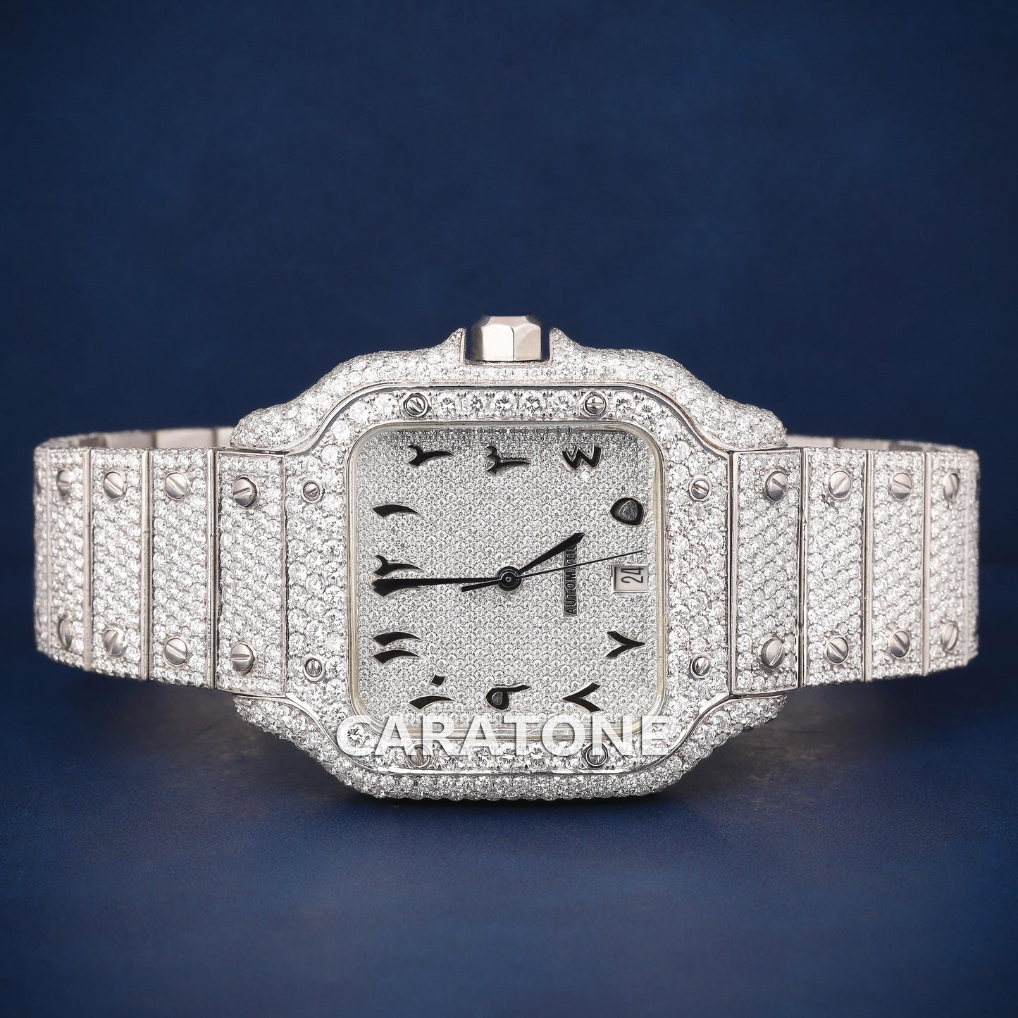 Full iced out dial Hip hop branded watch in silver tone with D VVS clarity