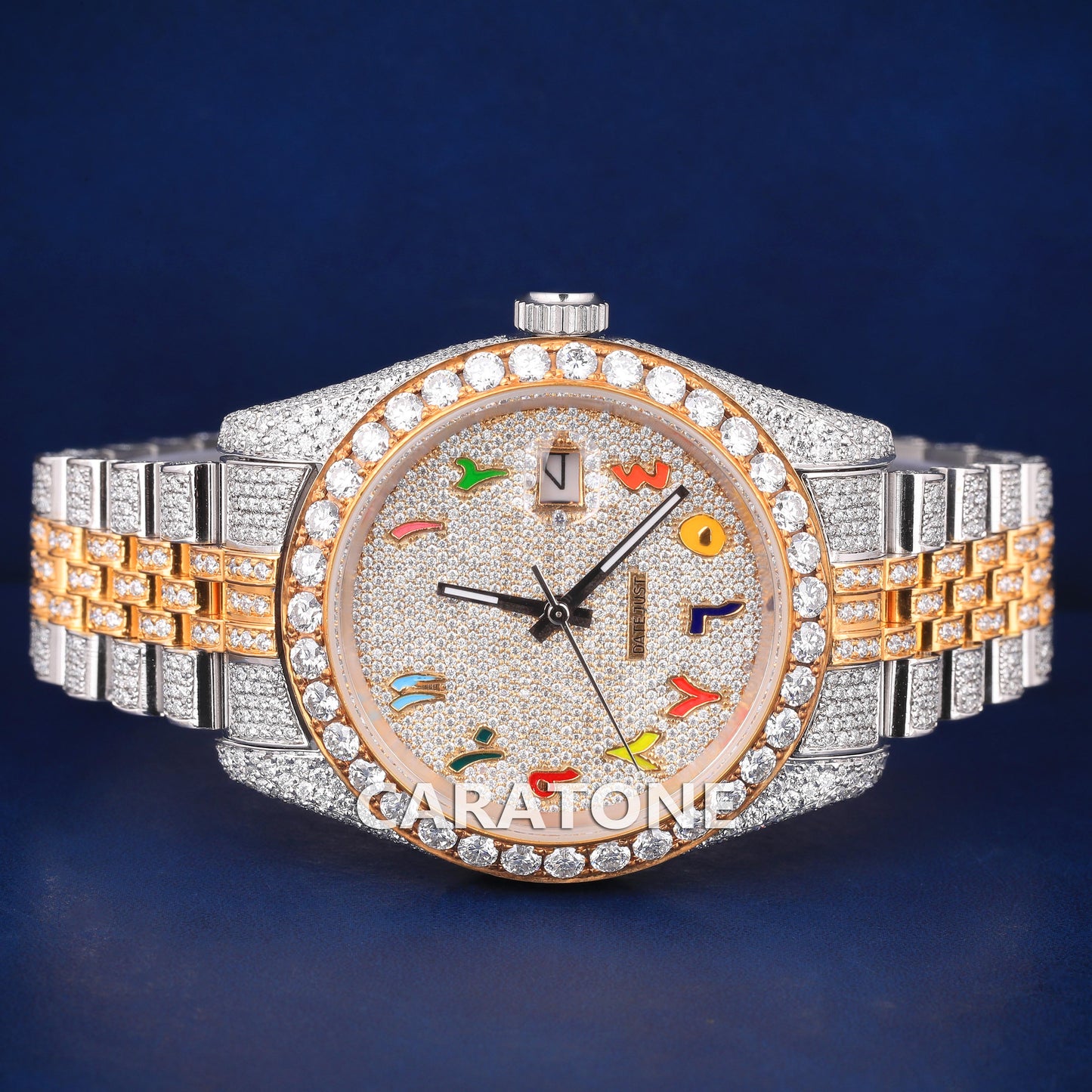 Full iced out hip hop custom made branded watch in two tone with colourful arabic numerals