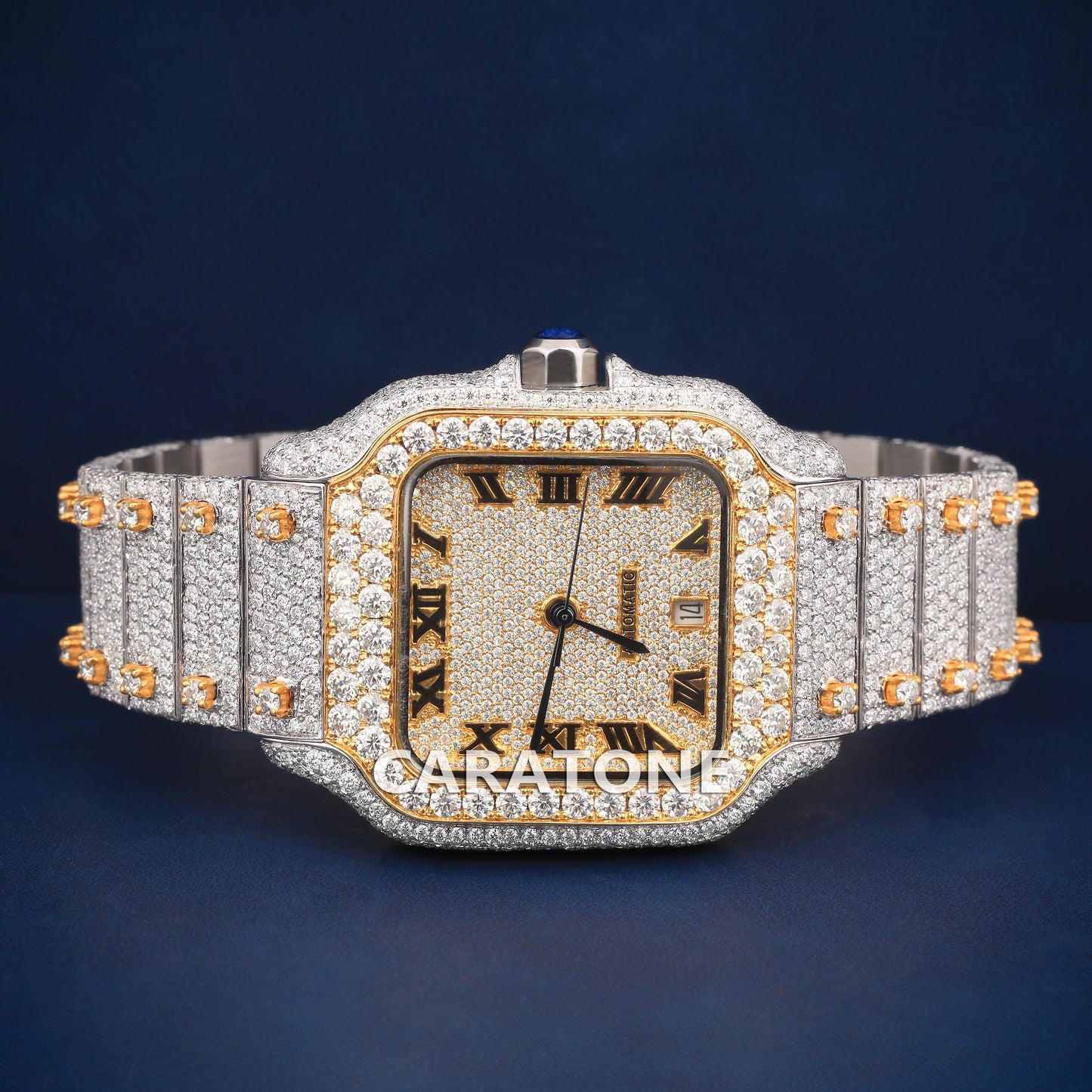 Hip hop two tone branded watch with Roman numerals and full iced out