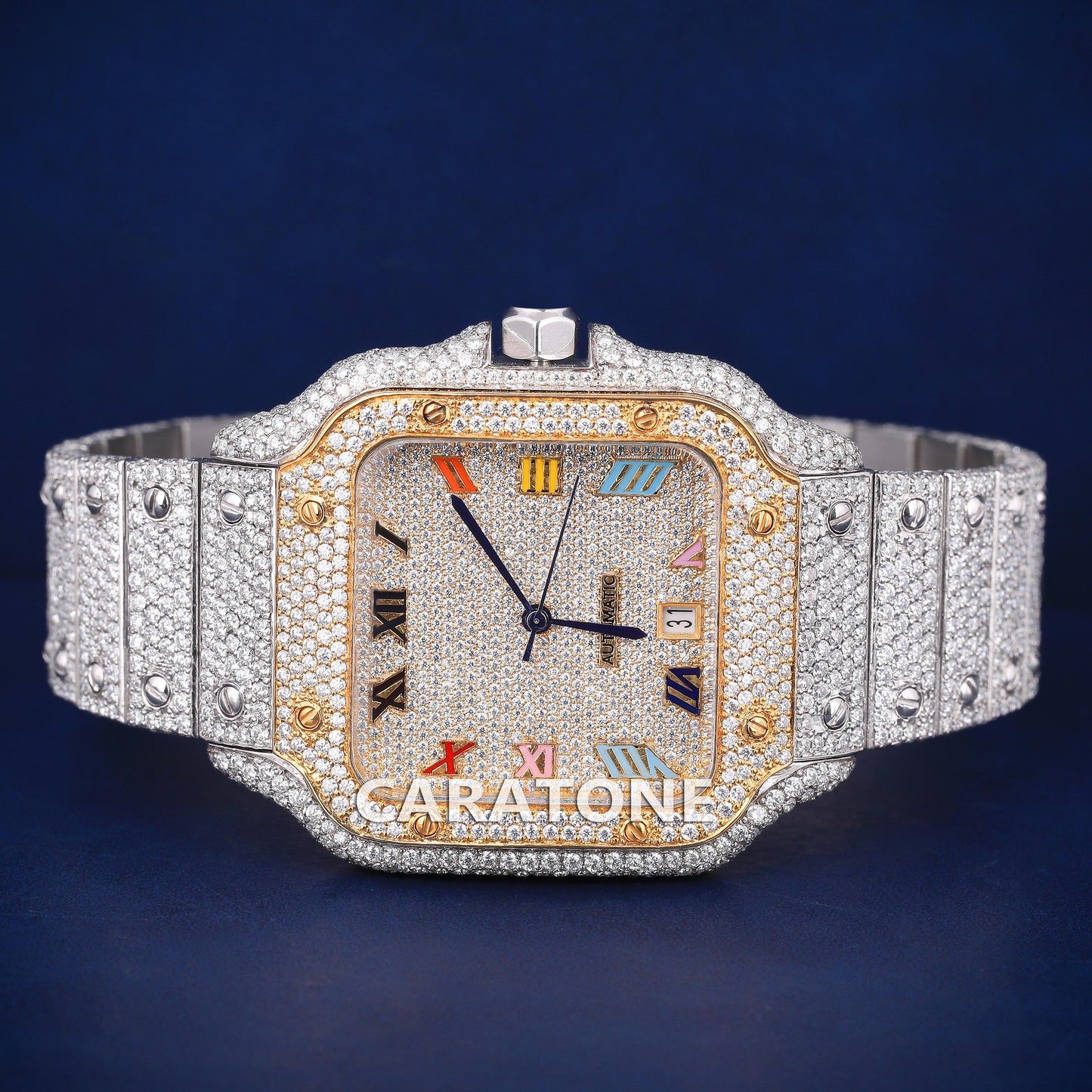 Two tone full iced out hip hop custom made watch with colourful roman numerals in it