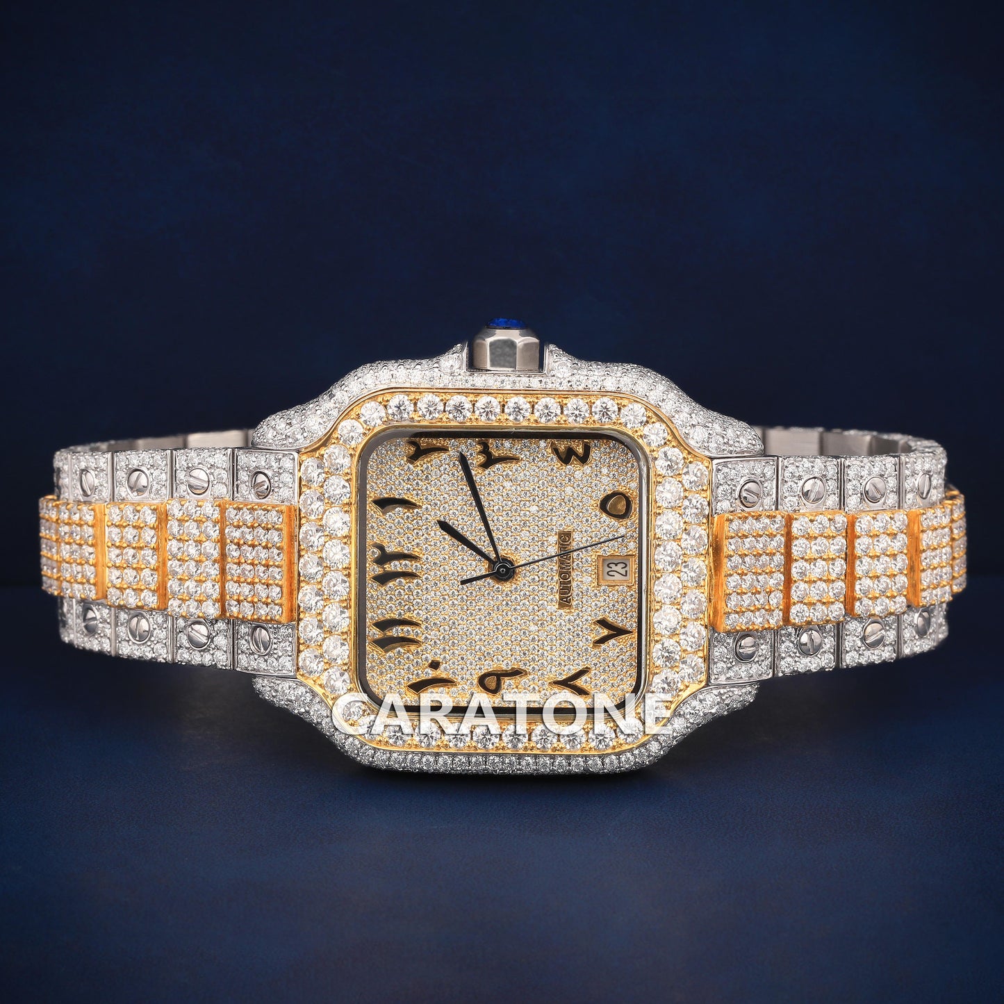 Full iced out Hip hop two tone branded watch with Arabic numerals with D VVS clarity