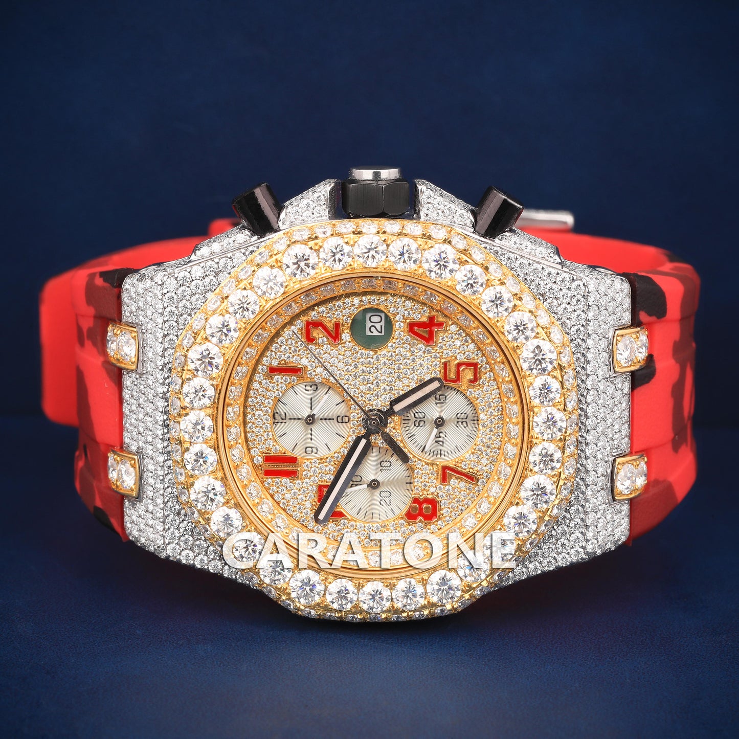 Half iced out Hip hop branded watch with Red Rubber Band with Two tone in bezel