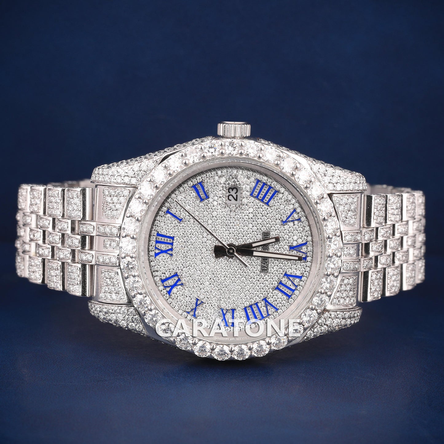 Full iced out Hip hop branded watch with white tone and Blue Roman numerals in it