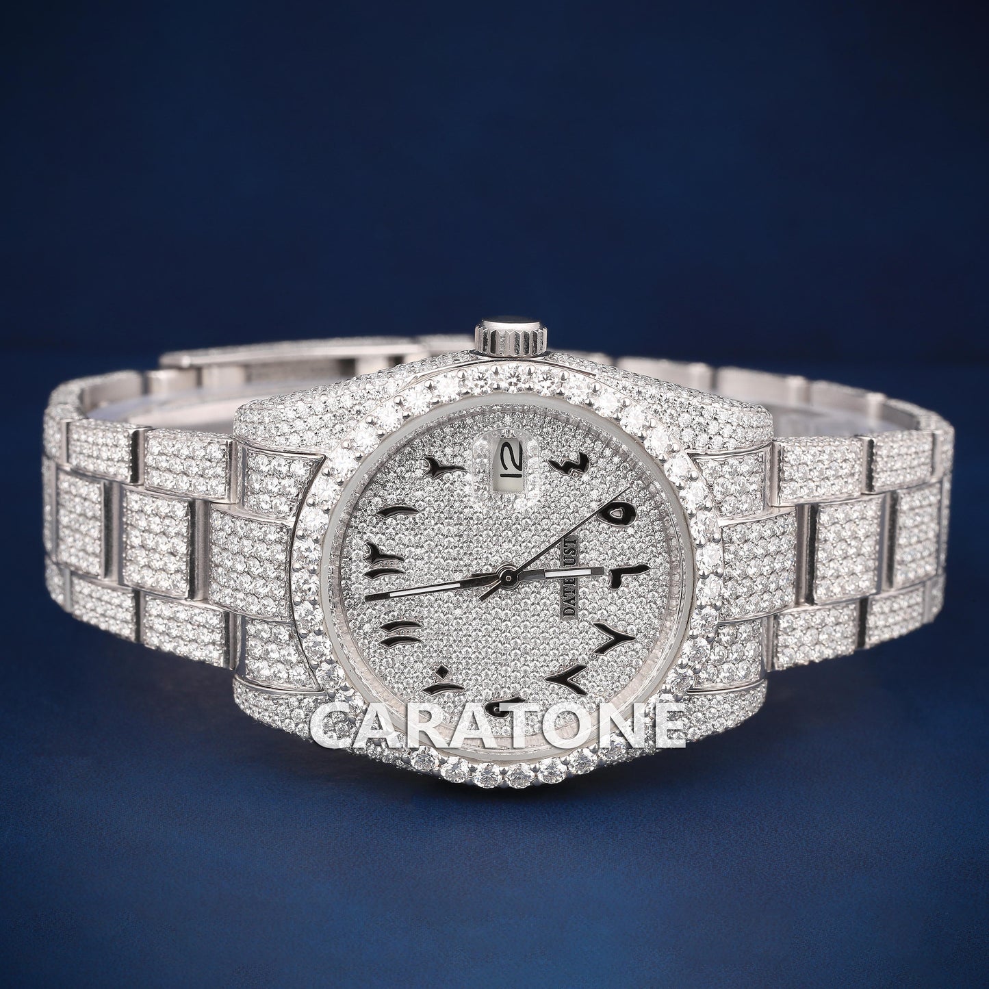 Full iced out Hip hop branded watch in silver tone with Arabic numerals