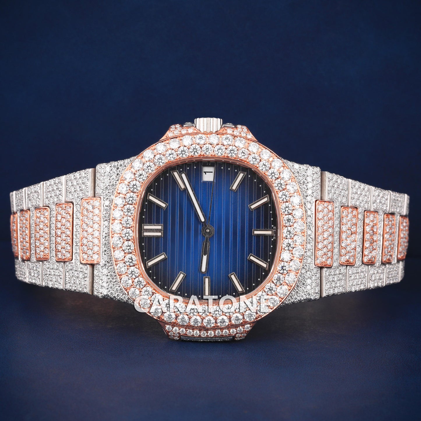 Full iced out without dial hip hop custom made watch with two tone and blue dial