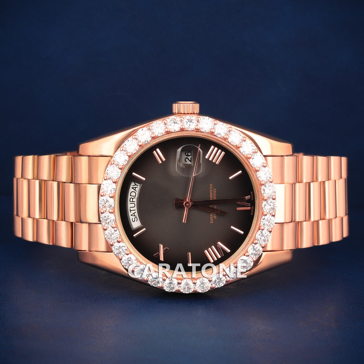 Half iced out without dial Hip hop branded watch in Rose gold tone with D VVS clarity