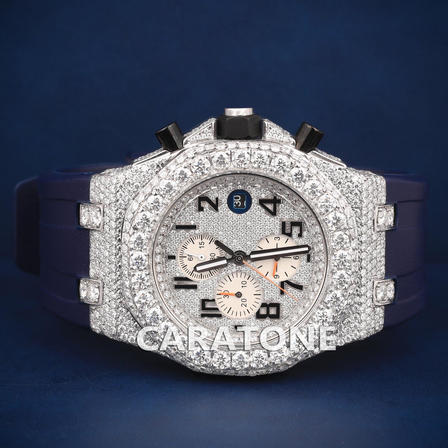 Half iced out with dial Hip hop branded watch with Black band with D VVS clarity