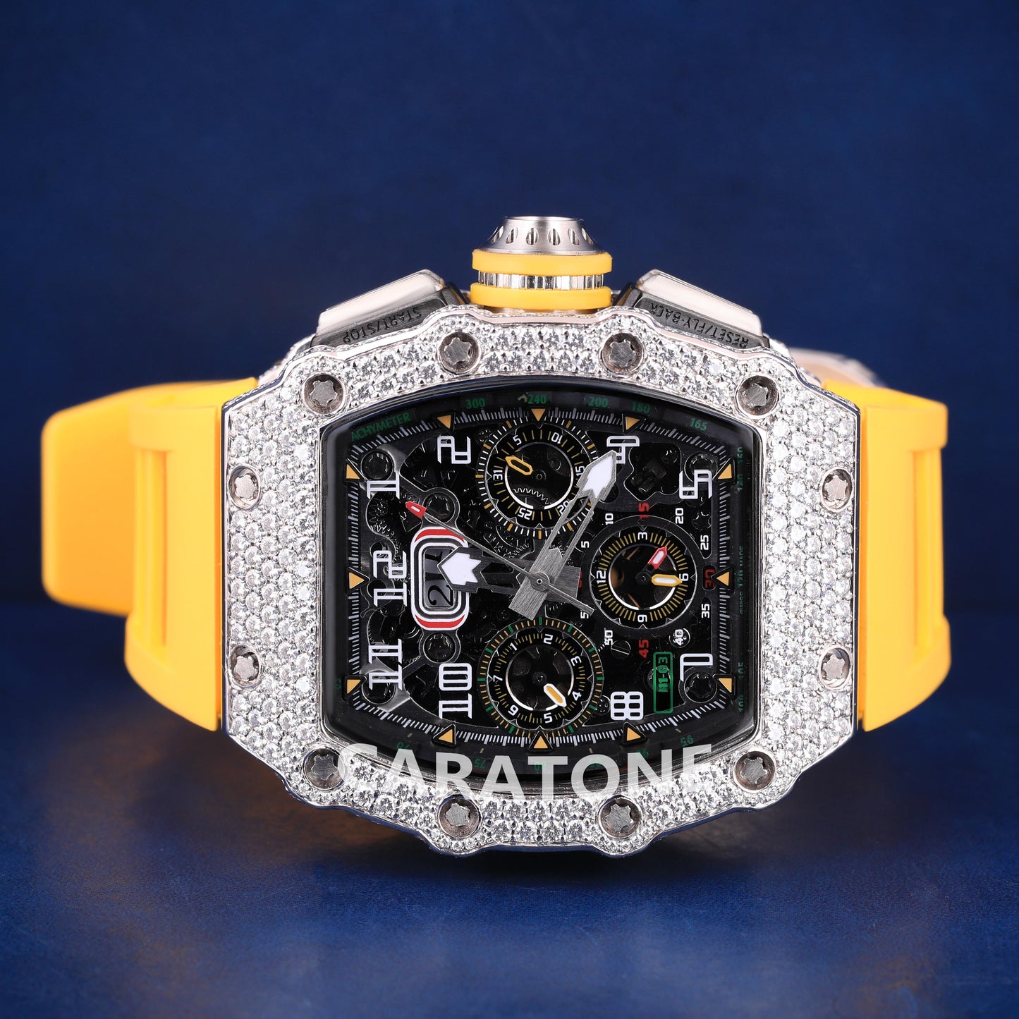 Half iced out without dial hip hop branded watch with yellow band with D VVS clarity