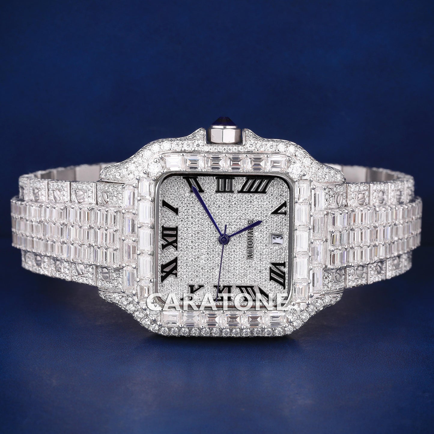 Full iced out hip hop custom made branded watch with round and baguette diamonds in white tone