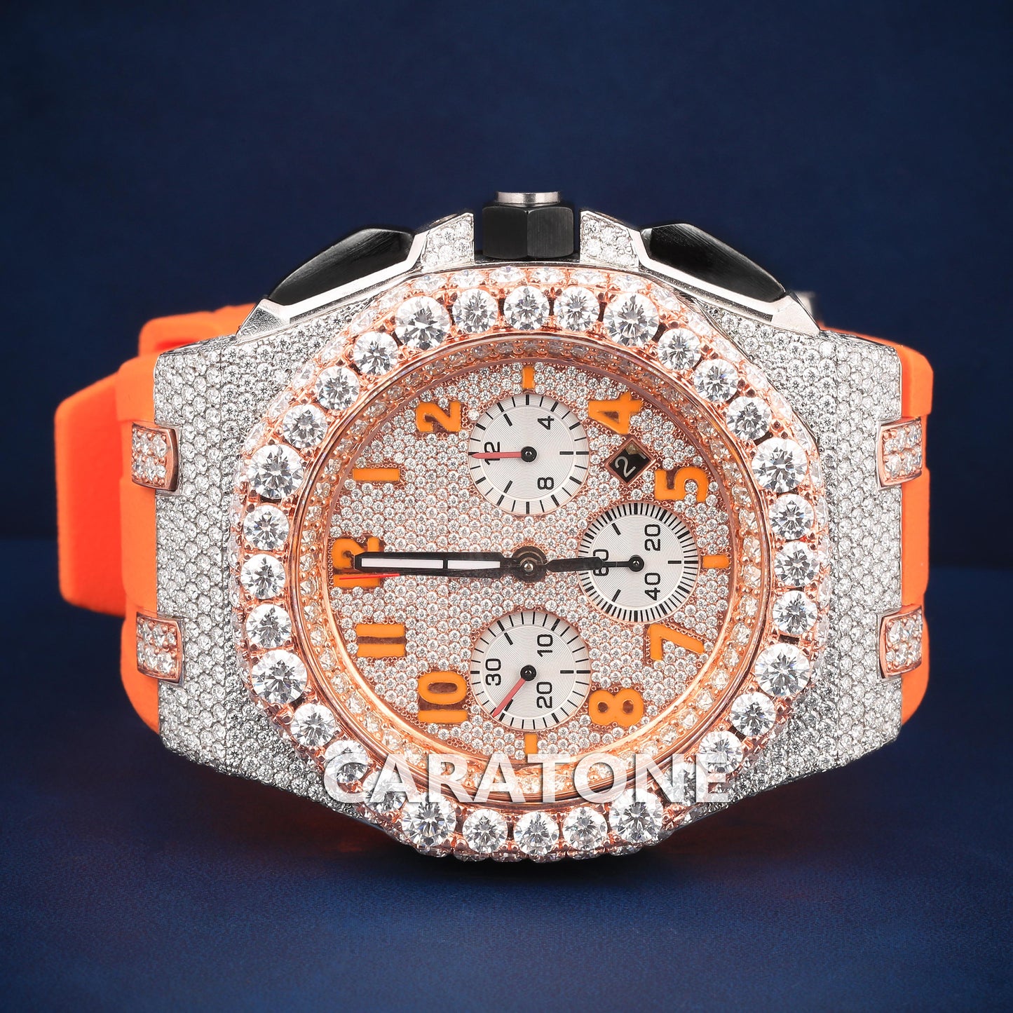 Half iced out dial Hip hop branded watch with orange Band