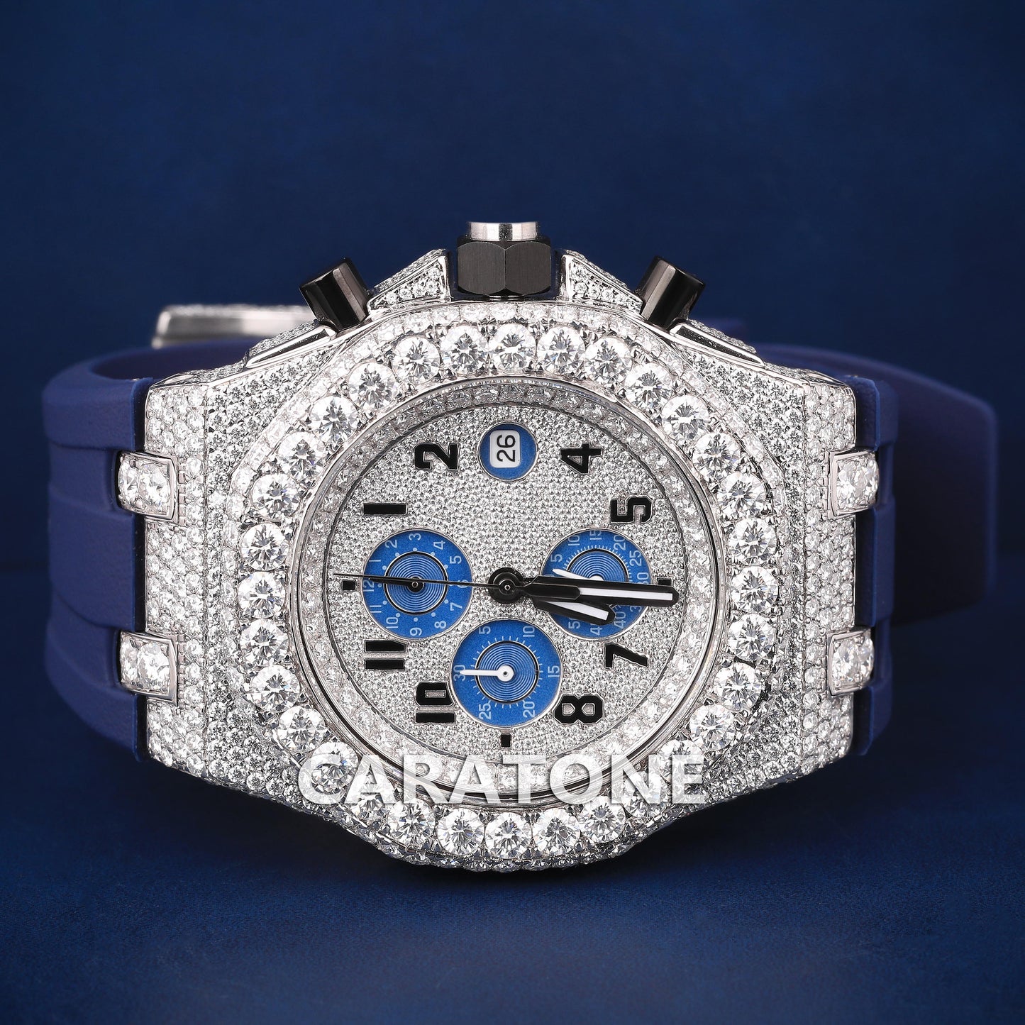 Half iced out Hip hop branded Custom made watch with Blue band and diamond tester passed