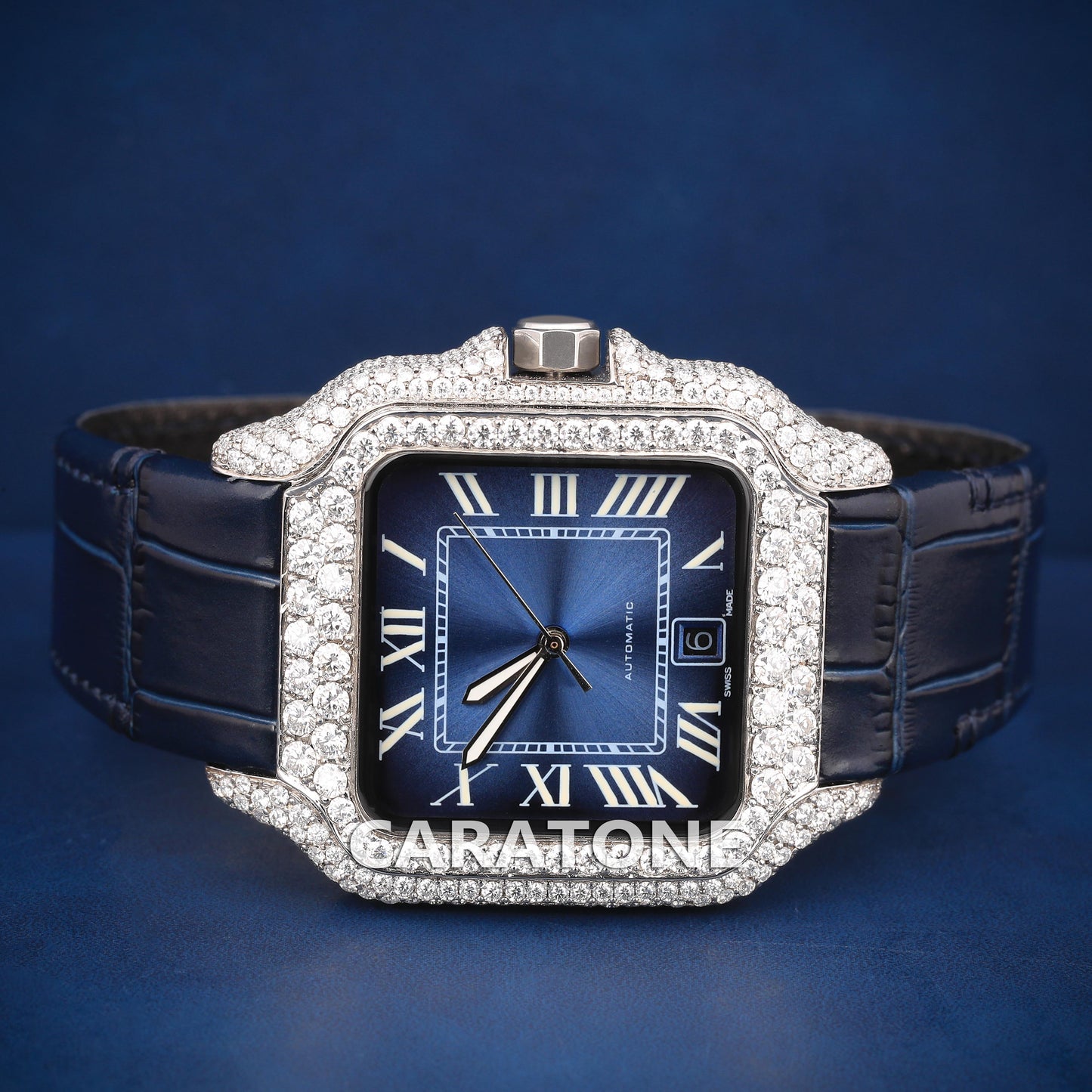 Half iced out without dial Hip hop branded watch with Black leather band
