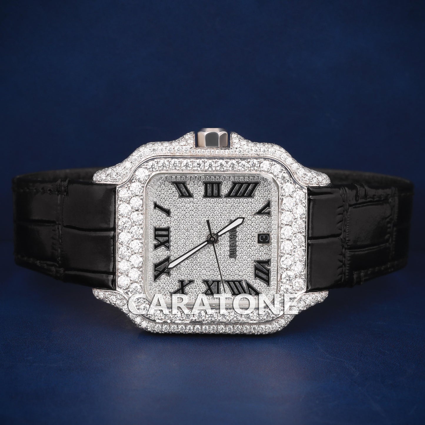 Half iced out with dial Hip hop branded watch with Black leather band and  D VVS clarity