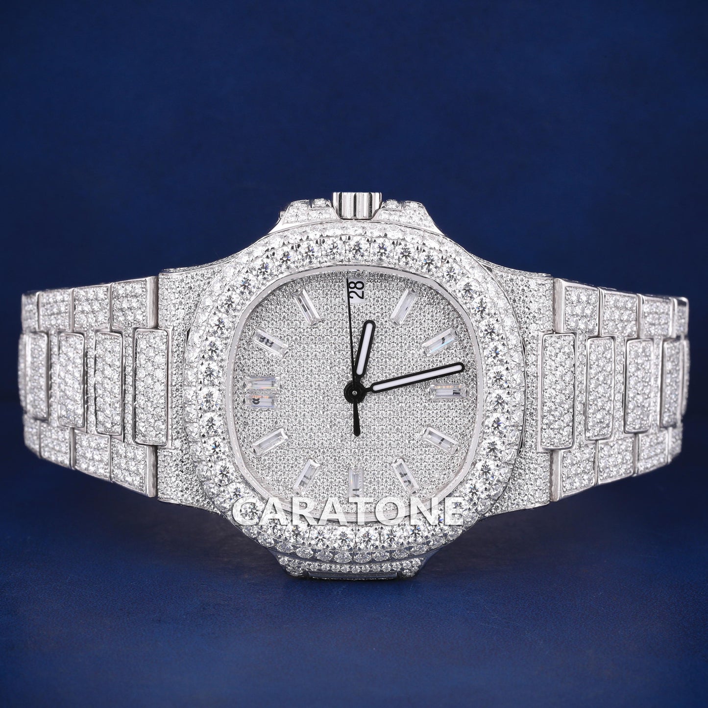 Fully white tone iced out hip hop custom made branded watch with baguette inside the dial