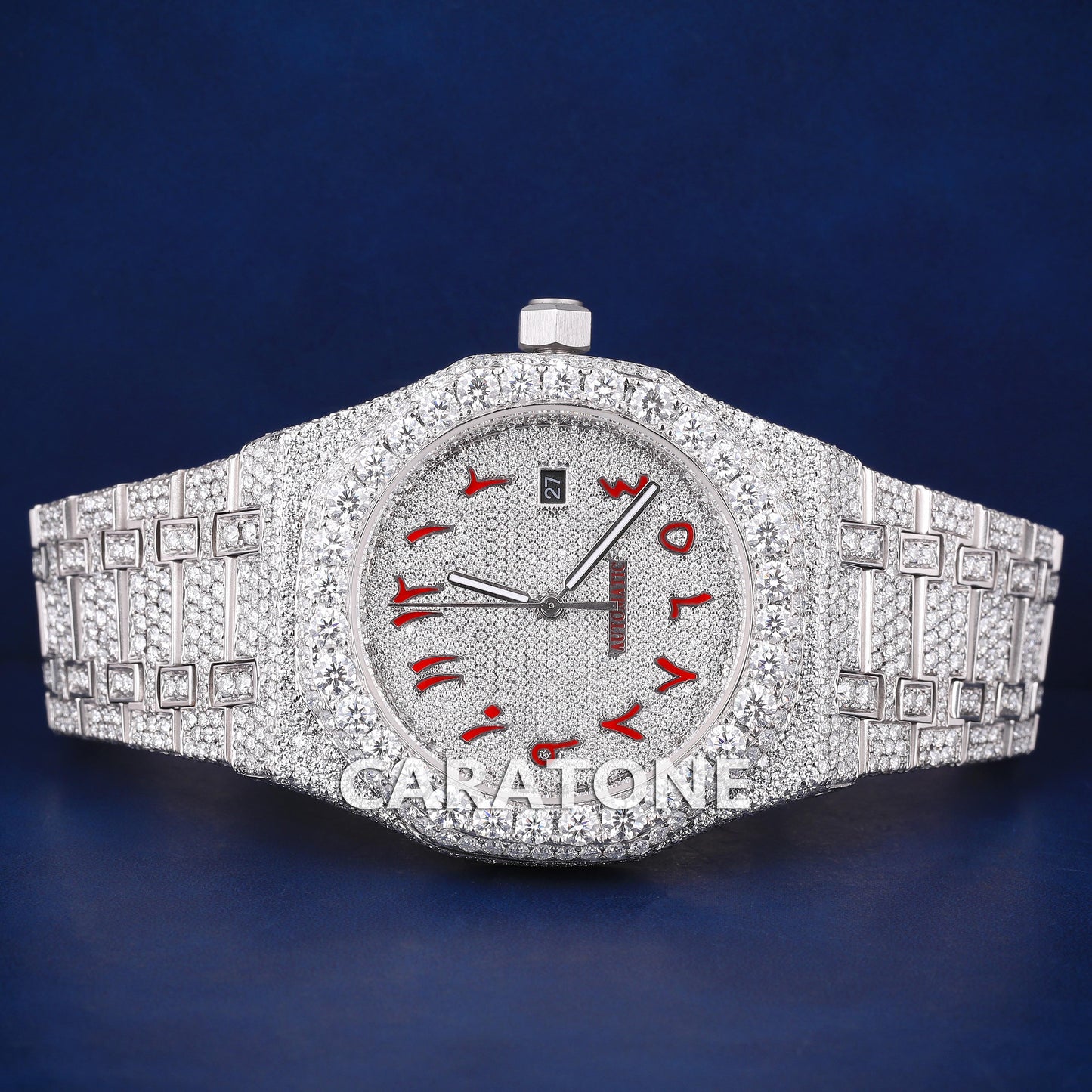 Fully white tone iced out hip hop custom made watch with red arabic numerals in it
