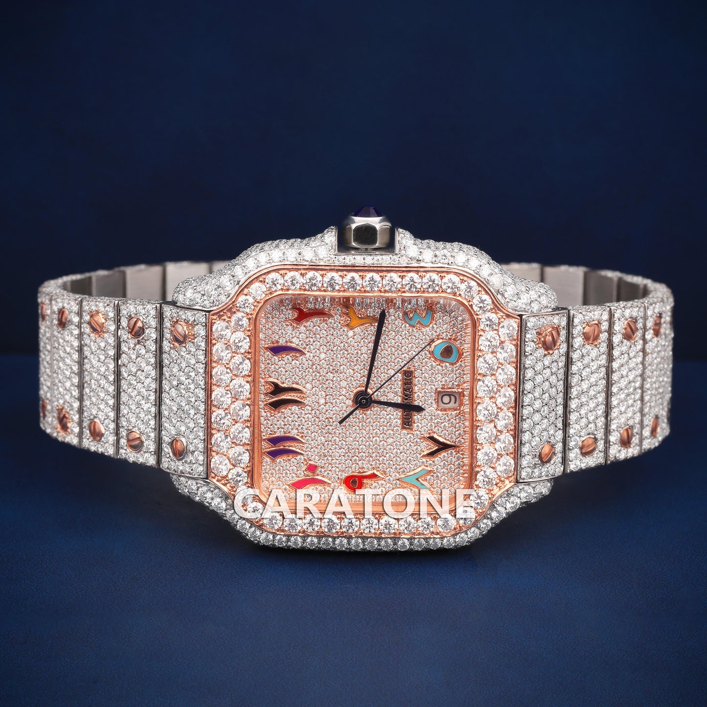 Full Iced out Hip Hop two tone with Arabic numerals with Diamond tester passed