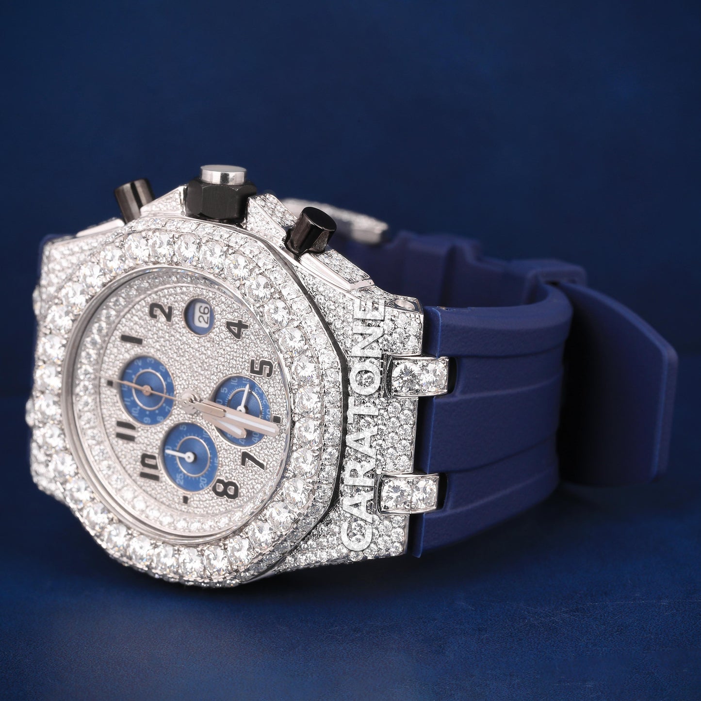Half iced out Hip hop branded Custom made watch with Blue band and diamond tester passed